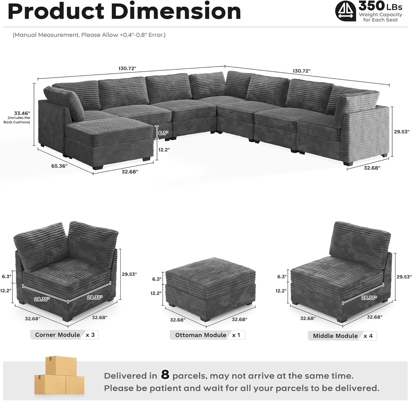 ovios Sectional Sofa Couch with L-Shape Chaise Ottoman, Comfy Modular Cloud Couches with Deep Seat, Modern Upholstered Plush Corduroy Sofas Set for Living Room, 8-Seater, Grey
