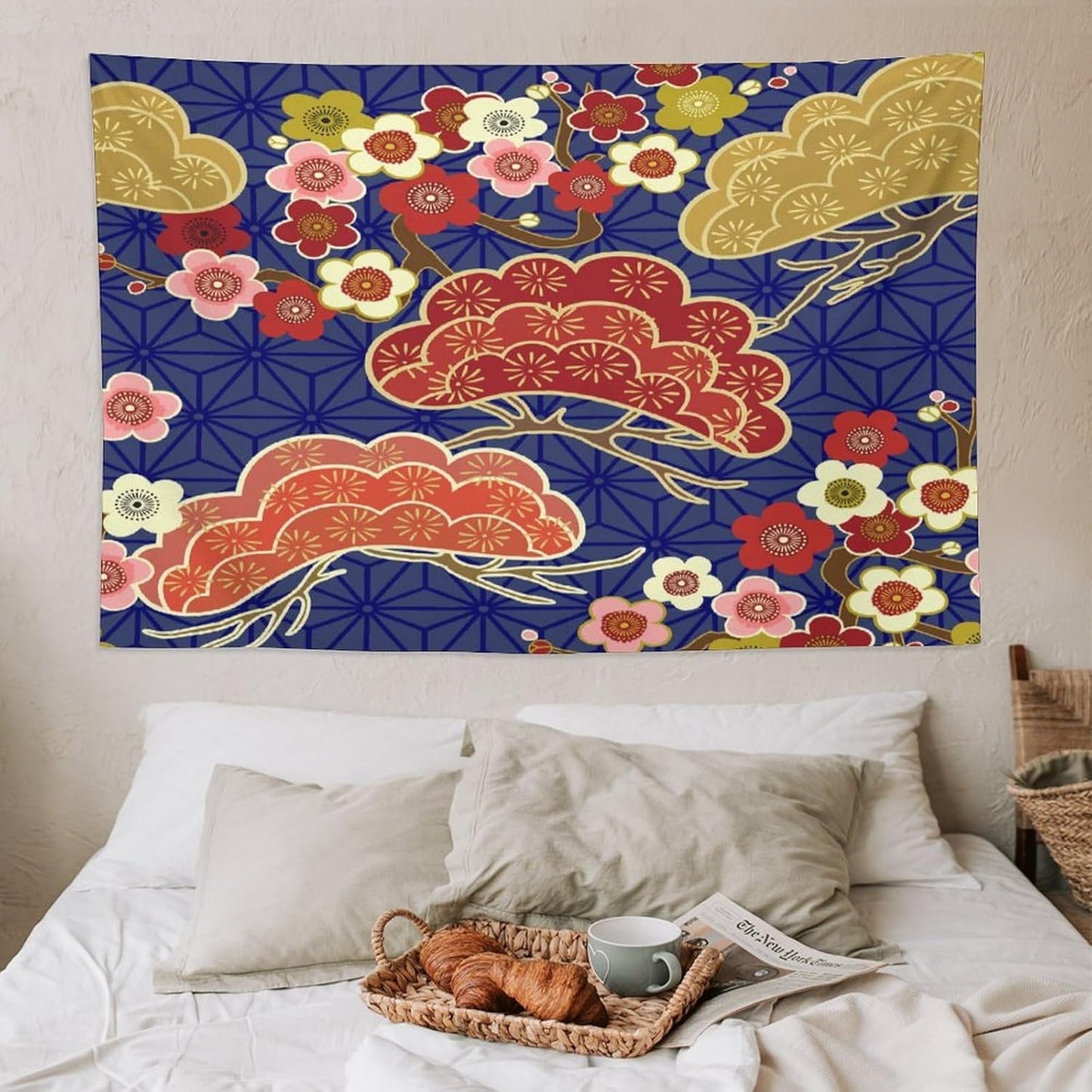 HZOHNAGO Japanese Tapestry Art Abstract Colorful Cherry Blossom Blue Background Pattern Printed Wall Tapestry Painting Wall Hanging for Bedroom Living Room Dorm 90" W x 60" H