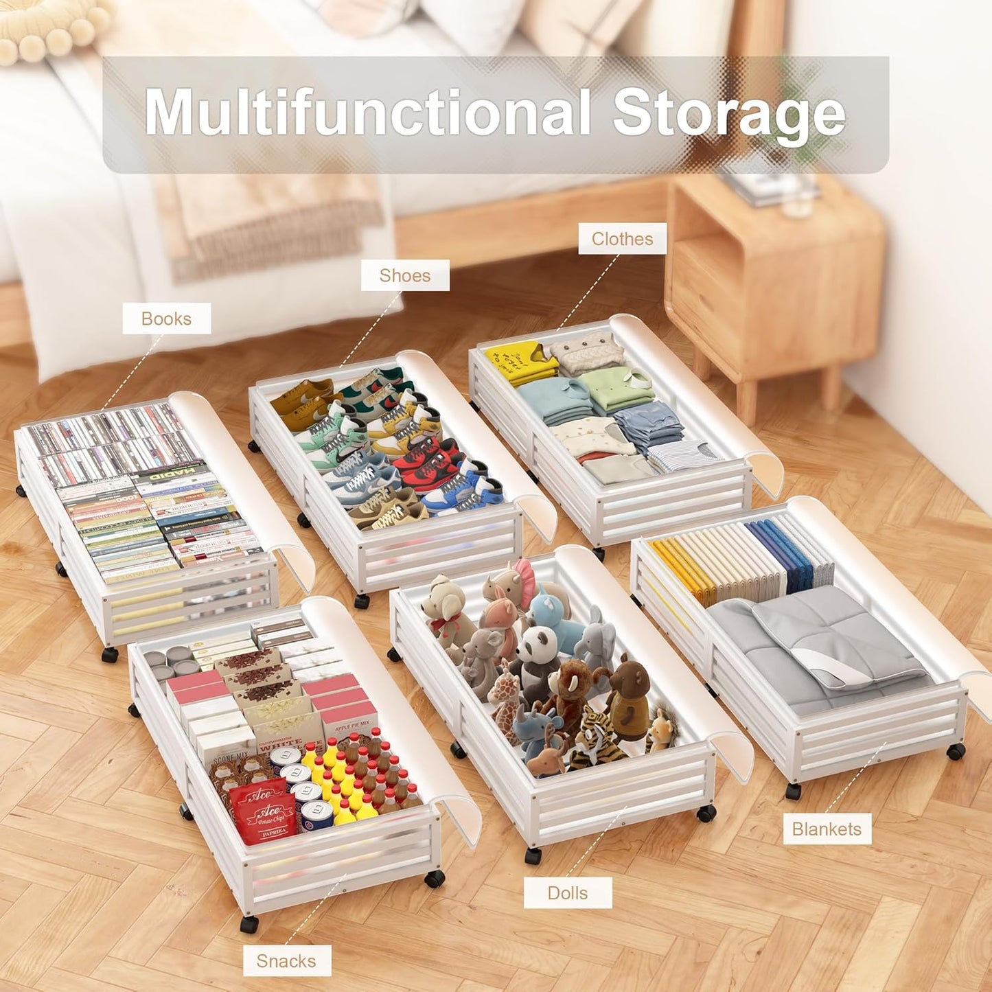 Under Bed Storage with Wheels-Large Bamboo Underbed storage Containers with Large Dust Bag Stackable Under the Bed Shoe Storage Bins for Clothes Books Bedding (2 Packs White, 33.07"L×16.54"W× 6.5"H)