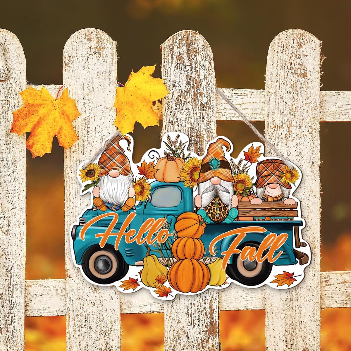 Hello Fall, Wood Hanging Gnome Decoration, Hello Fall Wood Hanging Decors, Rustic Thanksgiving Decors for Porch, Indoor Outdoor Autumn Door Decor(Truck), Housewarming Gift, Home Indoor Outdoor Decor
