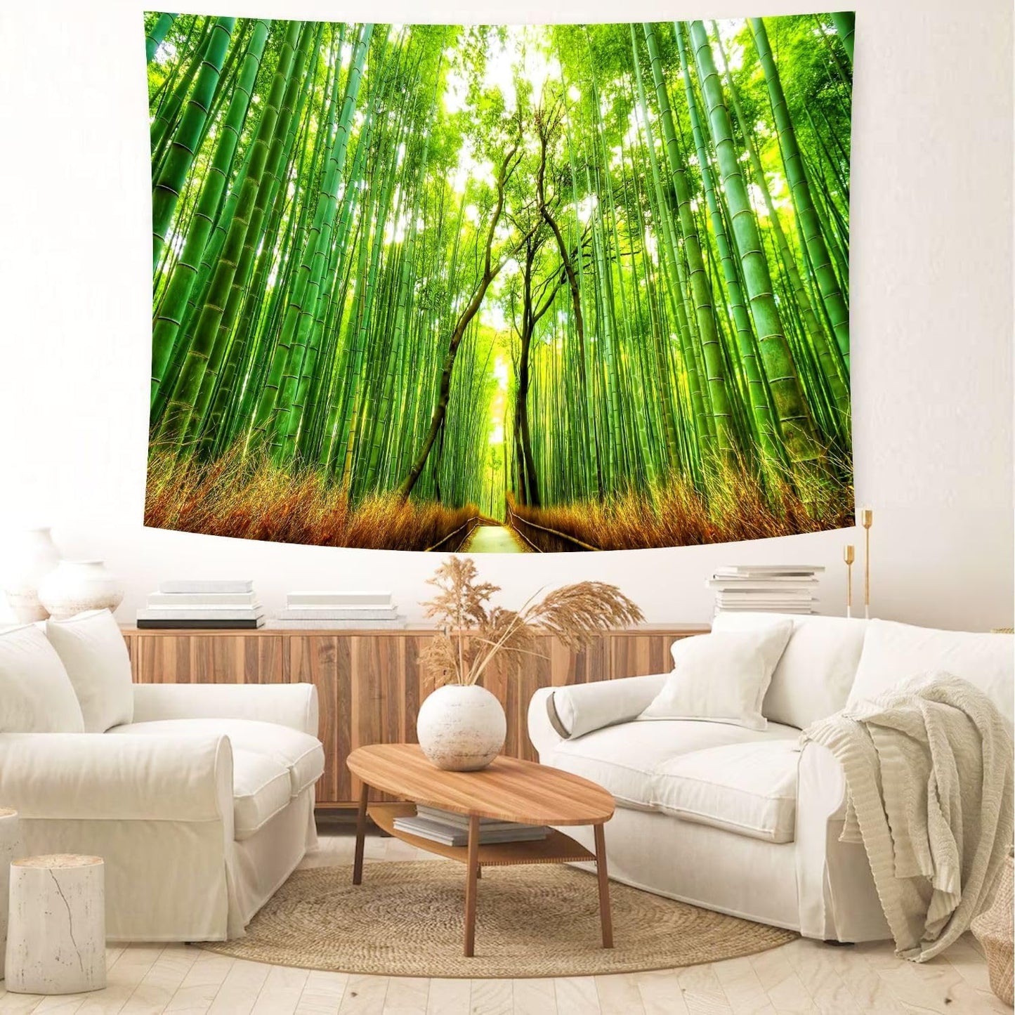 Delur Forest Pathway Tapestry Sunset Tropical Rainforest Nature Tree Tapestry Wall Hanging Sunrise Scenic Natural Green Landscape Headboard for Bedroom Living Room Home Decor (59.1" x 78.7")