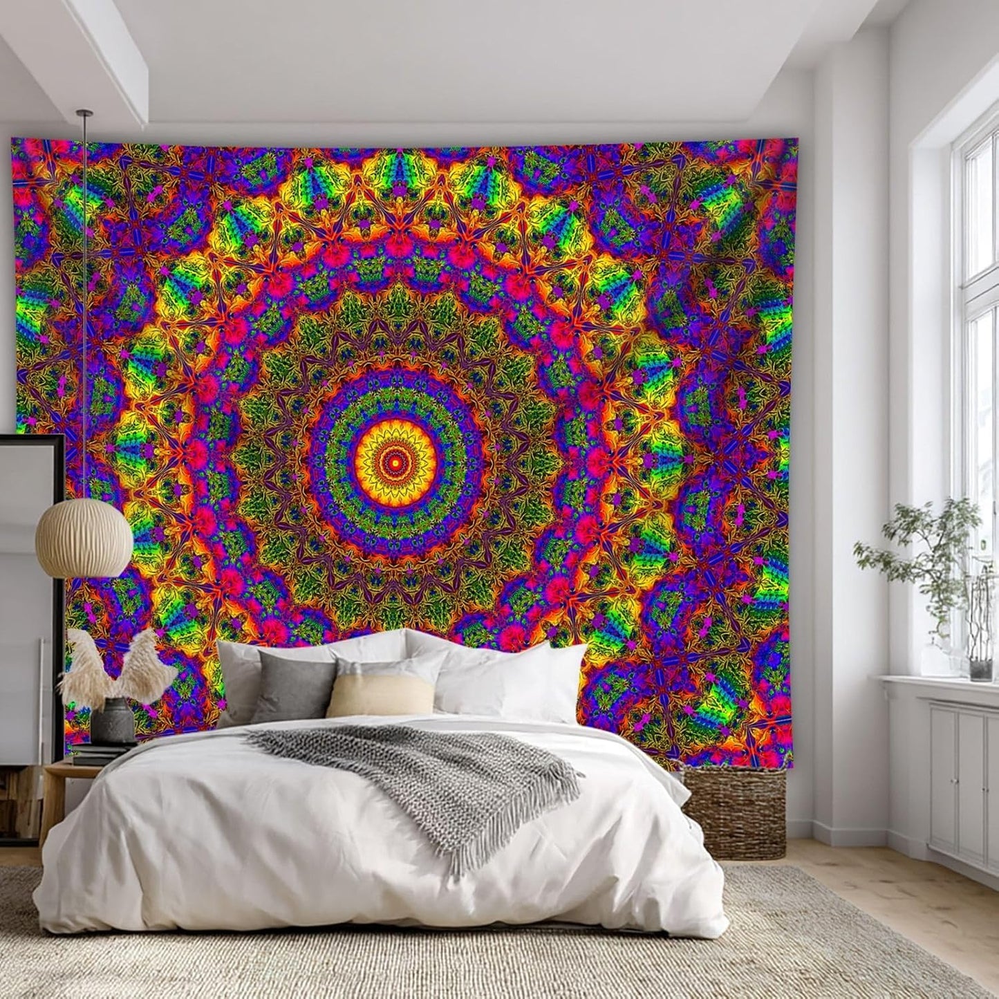 PSYHILAR Blacklight Mandala Boho Tapestry, Black Light Bohemian Hippie Poster for Adults and Teens, Aesthetic Colorful UV Reactive Wall Art Decor for Bedroom (40 x 30 Inches)
