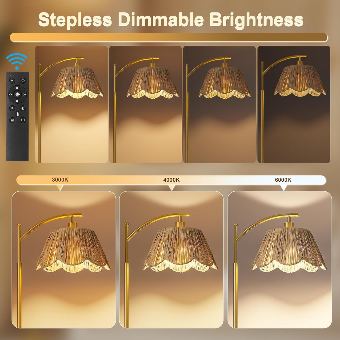 Oneach Boho Floor Lamp with 3 Color Temperatures, Farmhouse Floor Lamps for Living Room with Remote & Dimmable Bulb, Rattan Floor Lamp for Bedroom, Gold