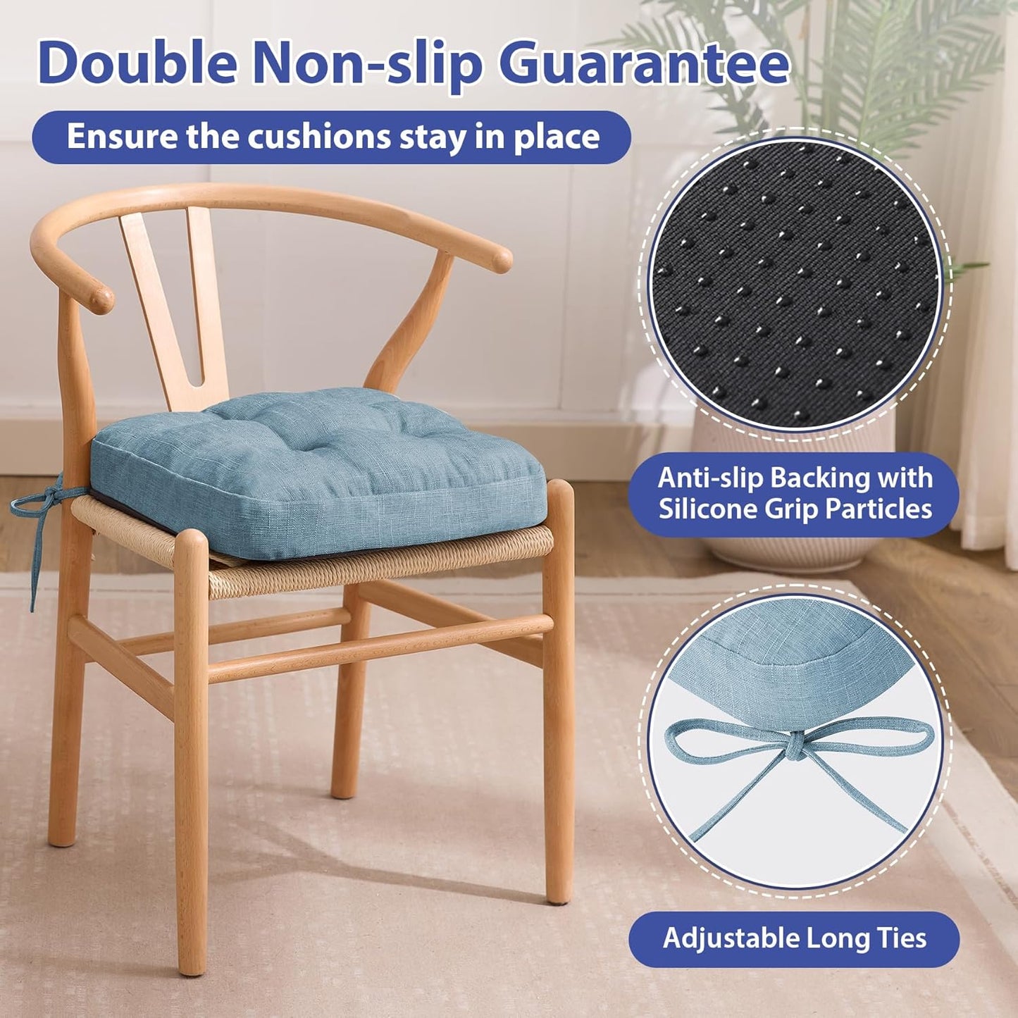 Chair Cushions for Dining Chairs, Dining Chair Cushions, Tufted Indoor Chair Pads with Ties & Non Slip Backing, Seat Cushions for Kitchen Chairs 16.5” x 16.5” x 3.5”, Set of 4, Light Blue