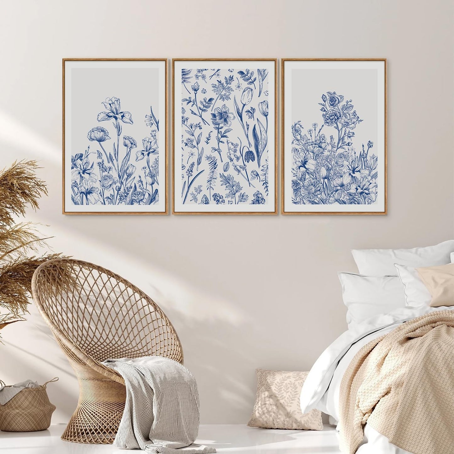 SIGNINART Classic Chinoiserie Botanical Framed Canvas Wall Art, Blue and White Floral Wall Decor, Minimalist Flower Artwork, Navy Blue Wildflower Art Painting for Bedroom Living Room Office 24"x36"x3