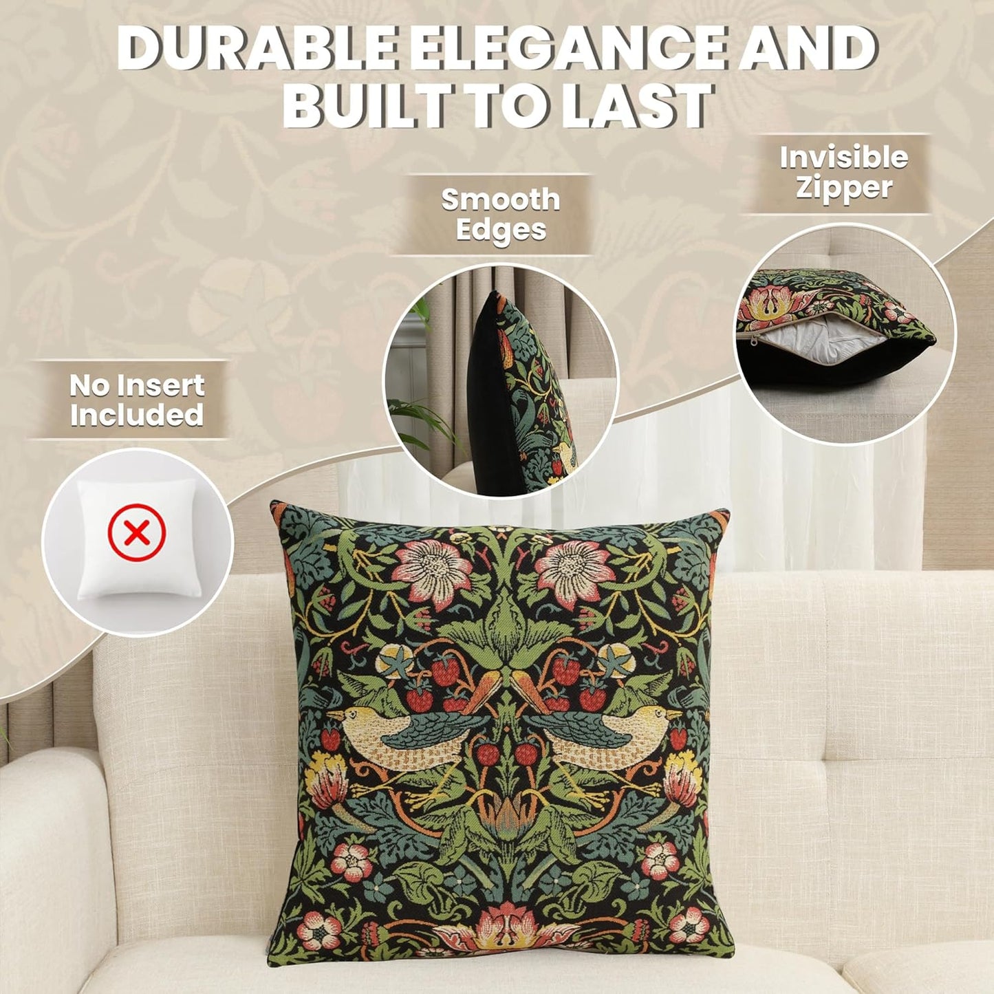 Charlotte Home Furnishings Throw Pillow Covers, Decorative Boho Pillow Covers for Couch, Living Room, Black Strawberry Square Cushion Cases 18x18 in, European Cotton Jacquard Woven, Cozy Bedroom Decor