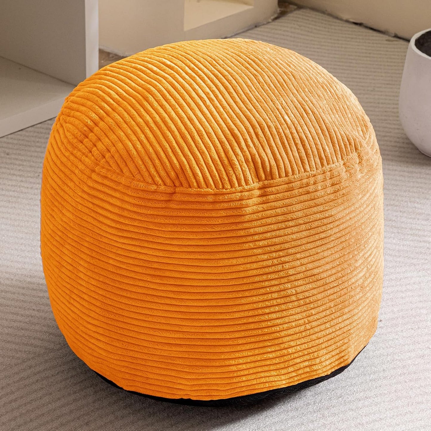 HIGOGOGO Round Stuffed Pouf Ottoman, Corduroy Poufs with Foam Chunk Filling, Furry and Fluffy Pouf Foot Stool Storage Ottoman, 20 X 15 Floor Poufs Foot Rest for Living Room, Orange