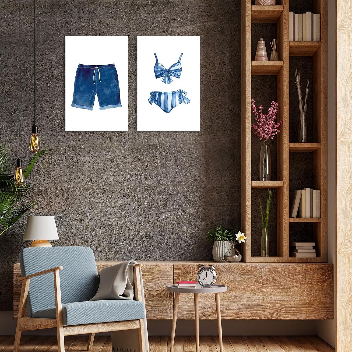 Liyark Set of 2 Retro Navy Blue And White Swimsuit Art Posters Beach Bathing Suit Prints Painting Beach House Wall Art Coastal Wall Decor Pictures For Bathroom Home Decoration 16x24in Framed