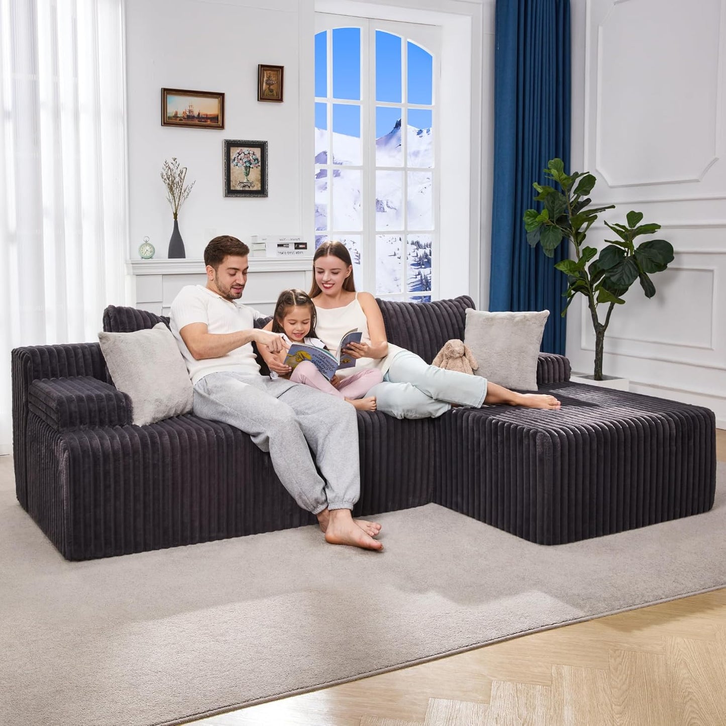 Hobestluk 96” Modular Sectional Sofa Couches L-Shape Couch 3 Seat Modular Sofa Memory Foam Sectional Couches for Living Room, Cloud Couch with Oversized Chaise (Grey, Stripe (Right Facing Chaise))