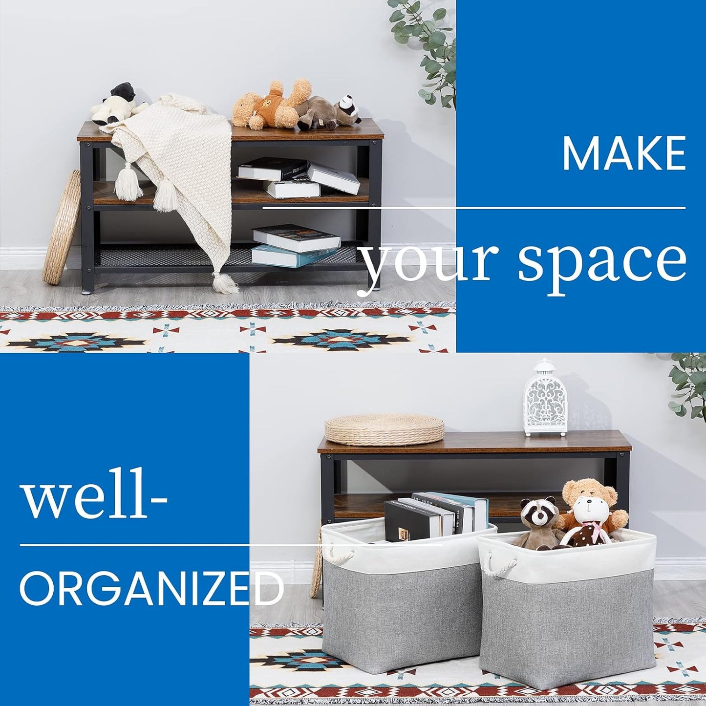 Bidtakay Large Storage Bins for Clothes Fabric Deep Baskets for Organizing Set of 2 Grey Fabric Pantry Storage Bins for Hallway Living Room Blankets 17x12x15 in Extra Large Shelf Tote Baskets