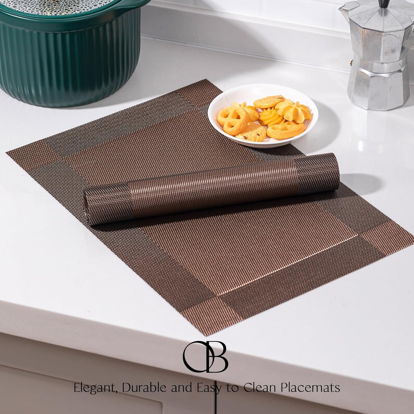 Placemats Set of 8 - Easy Clean Woven Vinyl Placemats for Dining Table, Indoor/Outdoor Place Mats, Washable PVC Table Mats（Brown Cube）