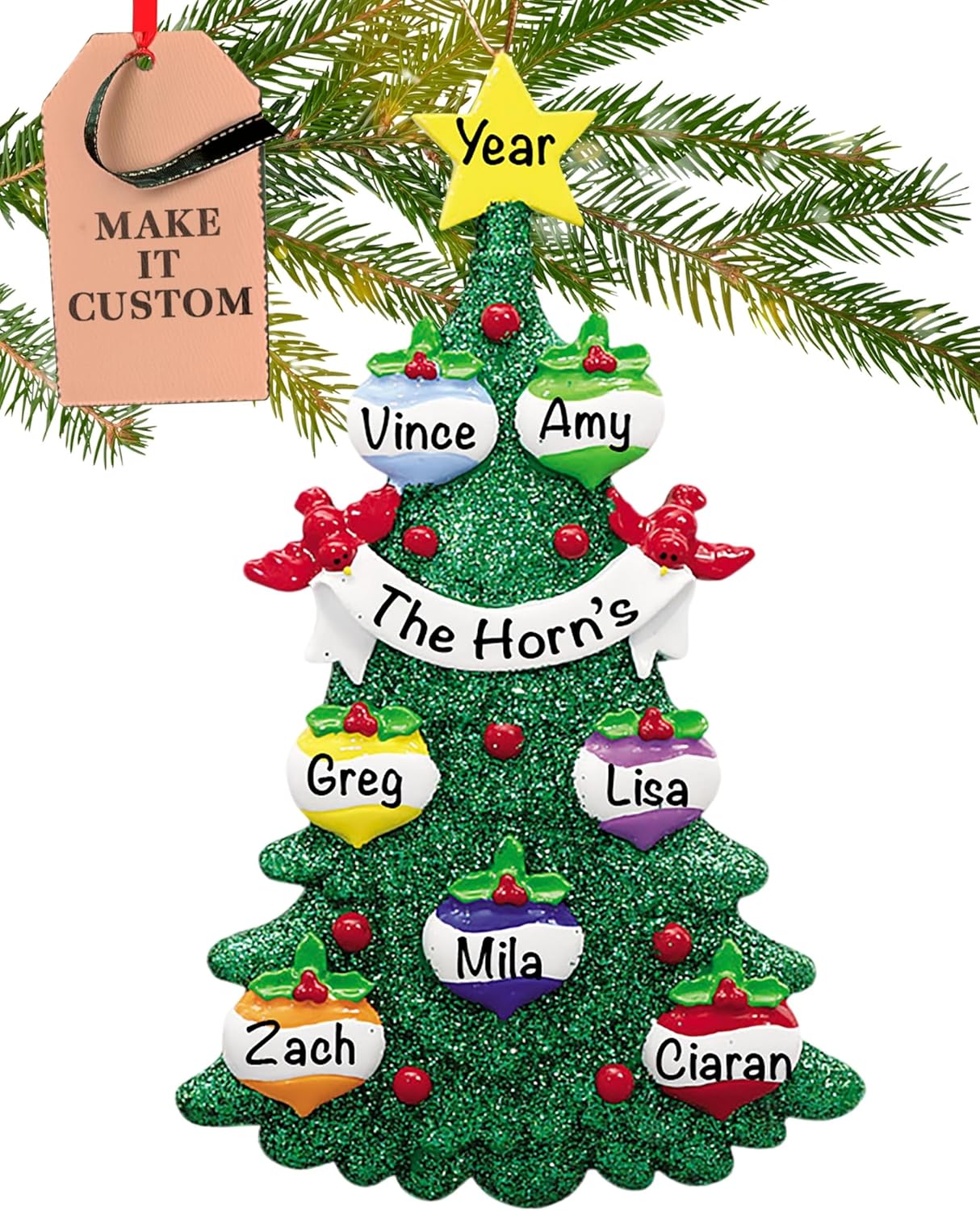 Personalized Family of 7 Ornament 2025 | Free 24h Customization | Christmas Ornaments for Tree | Custom Gift Wrapped Green Glitter Keepsake for Seven Persons