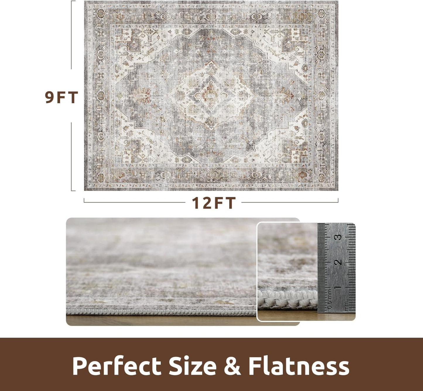 AMOAMI Area Rug - 9x12 Vintage Soft Grey Rug - Non Slip, Washable for Living Room, Bedroom, Dining Room, Office