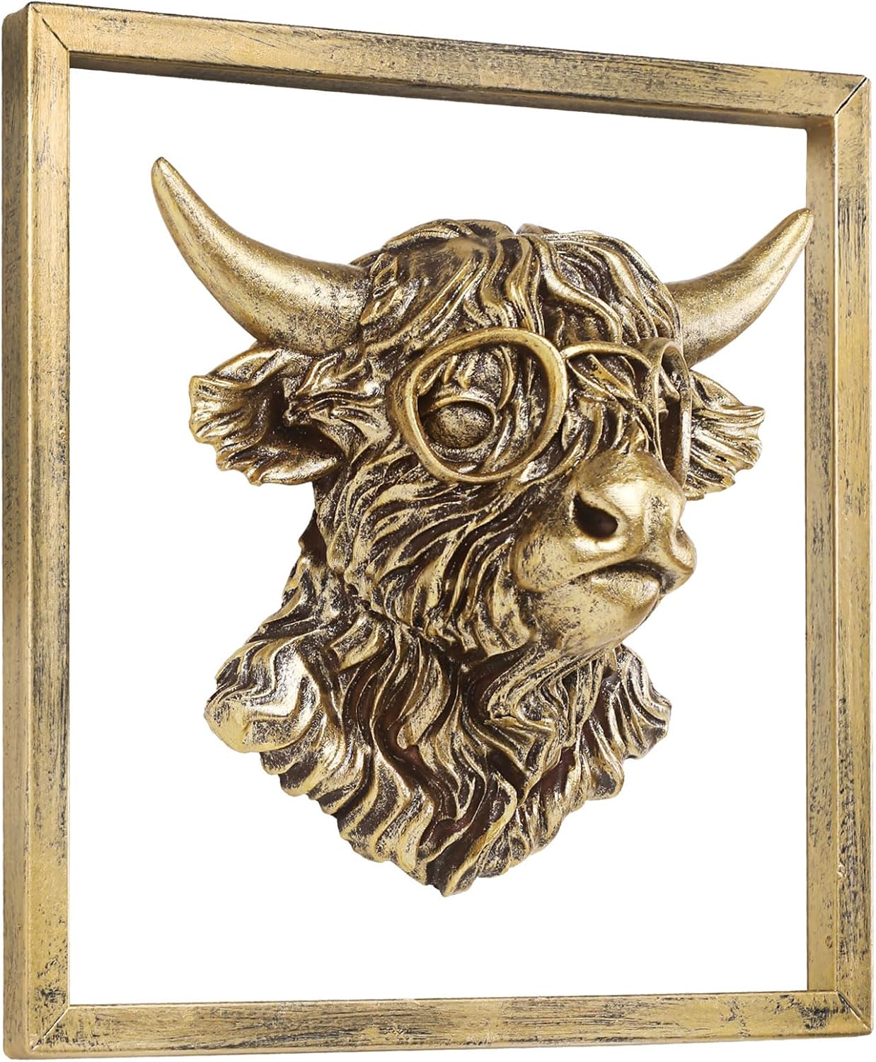 Animal Heads Wall Decor (Includes Metal Frame) Resin Animals Sculptures Head Wall Hanging Decoration Gold vintage Wall Sculpture for Living Room Bedroom Office(Highland cattle)