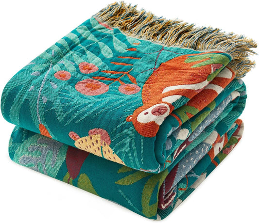 MSGKV Throw Blanket for Couch Cotton Muslin Breathable Animals Blanket 50"x60" Sofa Chair Blankets for All Seasons Lightweight Farmhouse Blankets Home Decor