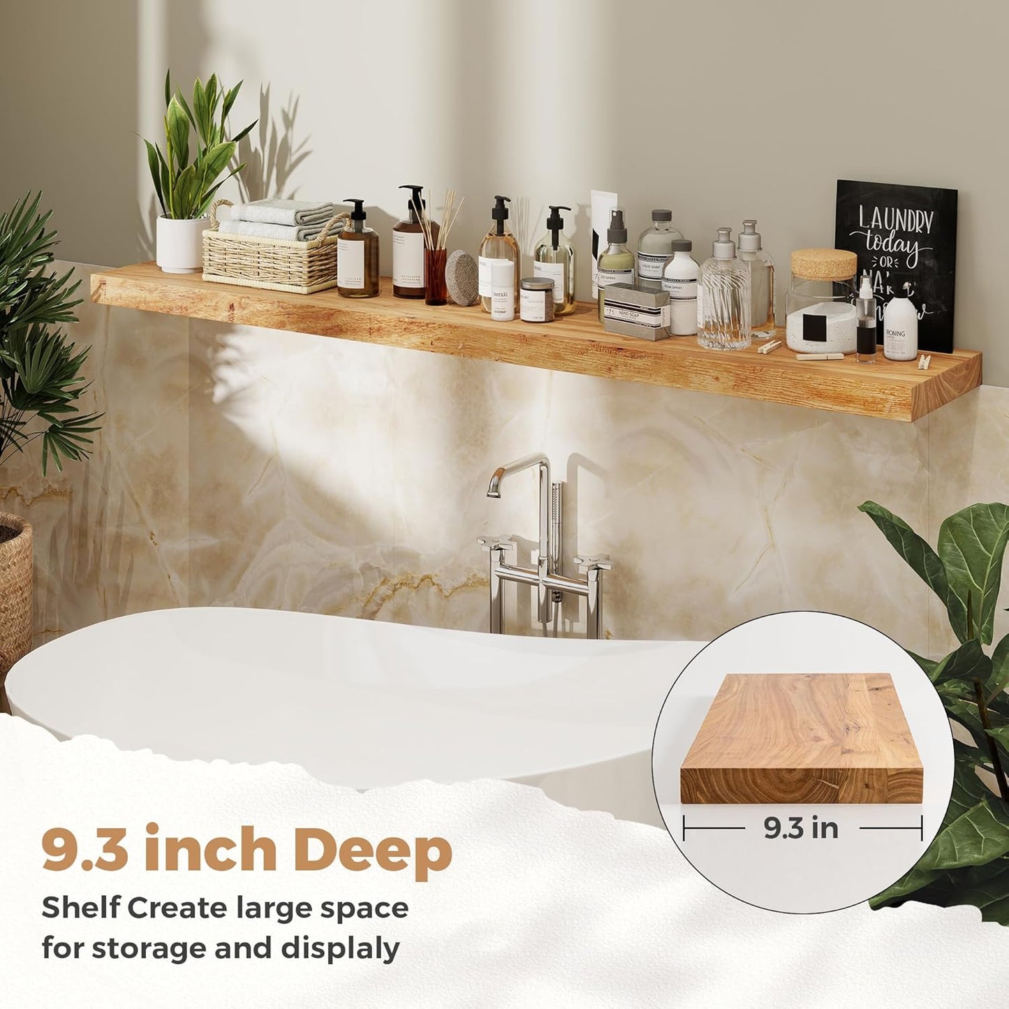 RICHFOCUS Elm Floating Shelves for Wall - 55" W x 9.3" D Rustic Solid Wood Shelves with Invisible Bracket, Wall-Mounted for Living Room, Bedroom, Kitchen Storage & Display, Set of 1, Natural