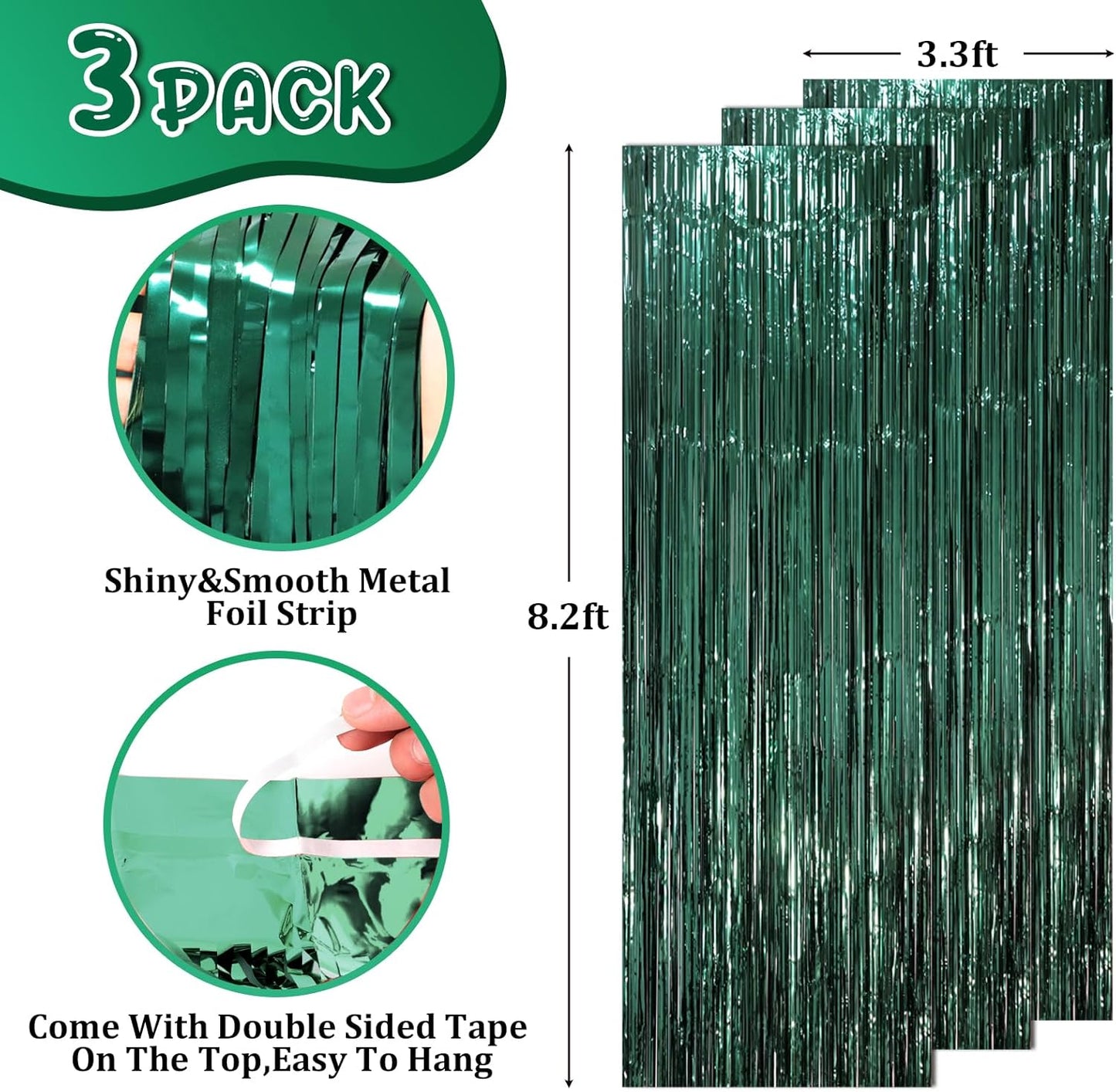 3 Pack 3.3 x 8.2 ft Retro Green Foil Fringe Backdrop Curtains, Tinsel Streamers Party Decorations, Fringe Backdrop, Door Shimmer for Christmas
