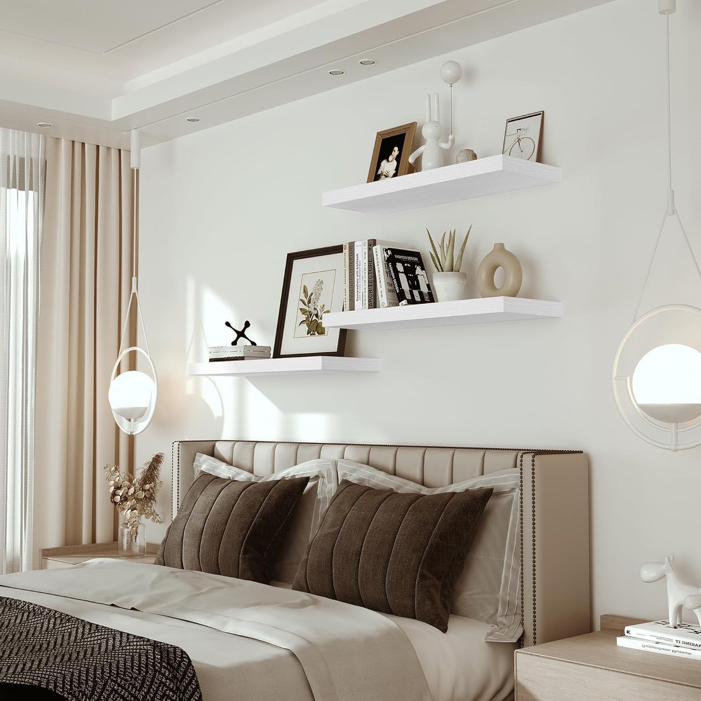 Floating Shelves for Wall 24 inchs Long, 9.1” deep x 1.5” Wall Shelf for Bedroom, Bathroom, Living Room, Kitchen, Office Home Decor, Deep Wood Shelves with Invisible Brackets, Set of 2 White