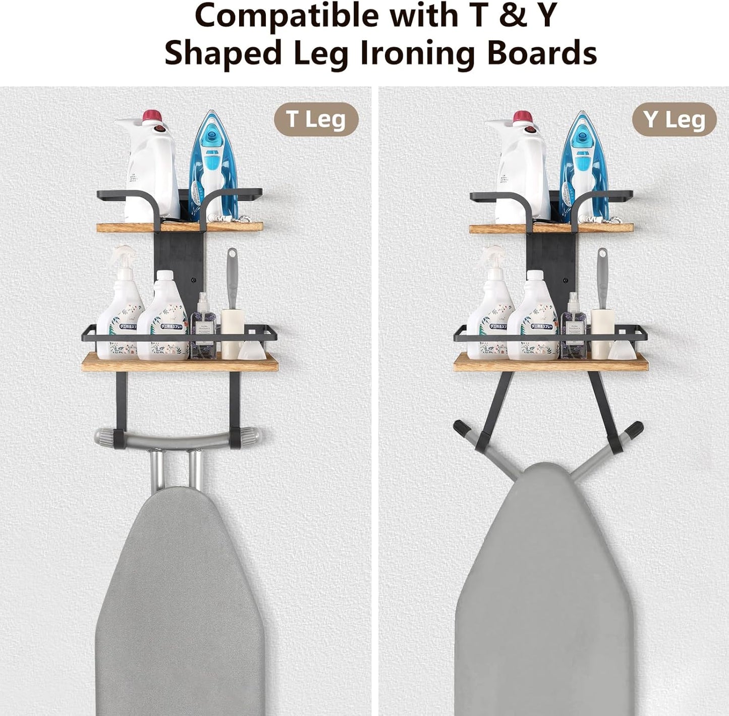 VINAEMO Ironing Board Hanger Wall Mount, 2-Layer Iron and Ironing Board Holder, Laundry Room Shelves Solid Wood with Removable Hooks Home Organization and Storage