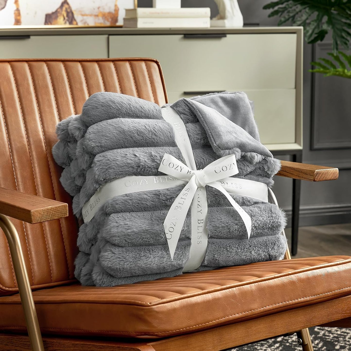 Cozy Bliss Faux Fur Throw Blanket for Couch, Cozy Warm Plush Striped Blanket for Sofa Bedroom Living Room,50 * 60 Inches Grey