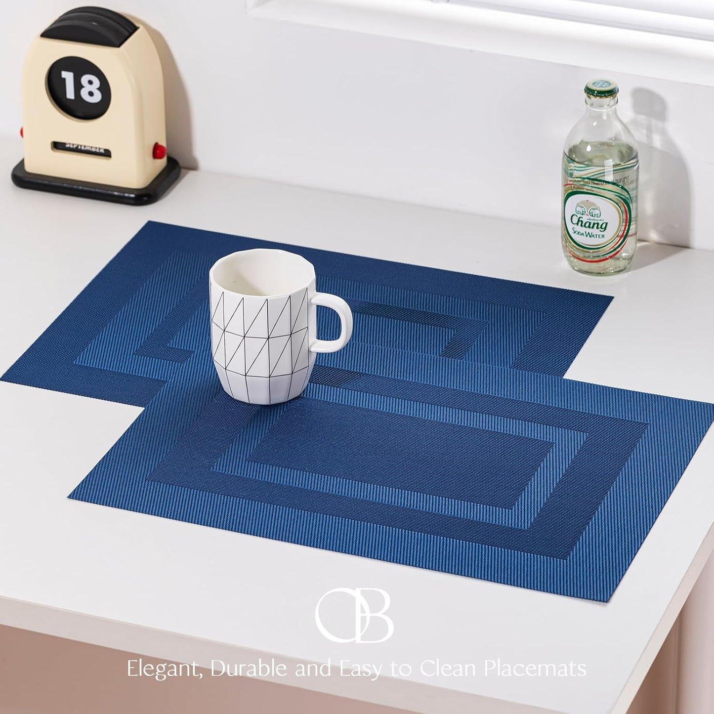 Placemats Set of 12 - Easy Clean Woven Vinyl Placemats for Dining Table, Indoor/Outdoor Place Mats, Washable PVC Table Mats（Navy Cube）