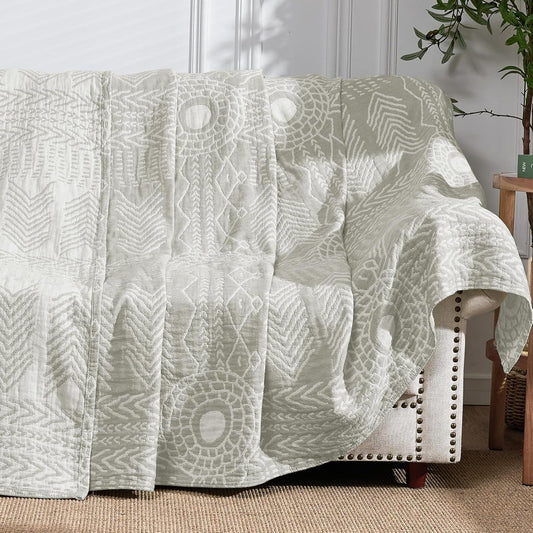 jinchan Boho 100% Cotton Muslin 50x60 Throw Blanket Lightweight 3-Layer Light Grey Blanket Washable Reversible Breathable Decorative Geometric Striped Patterned Soft Cozy for Sofa Bed All Season Gift