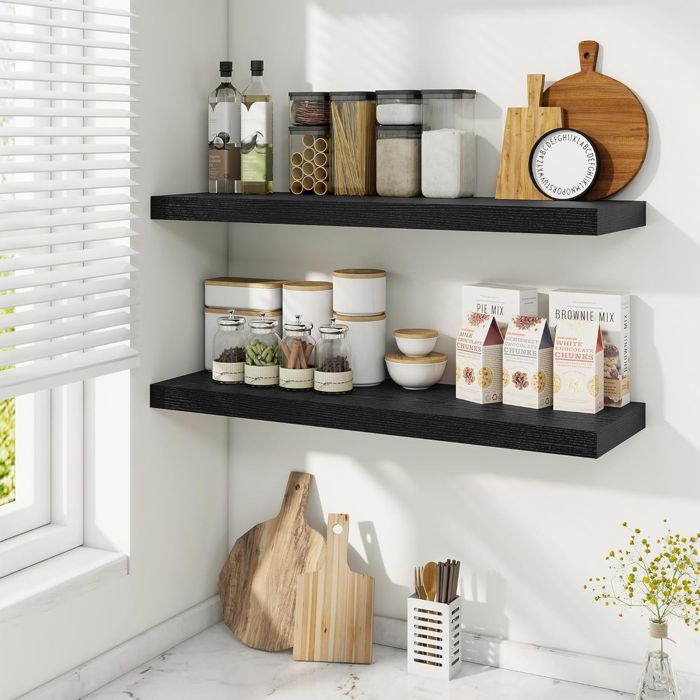 Fun Memories Floating Shelves for Wall, 32 Inch Rustic Wood Wall Mounted Shelves for Bathroom, Bedroom, Kitchen, Living Room, Deep Floating Shelves for Storage & Home Decor (Black, Set of 2)