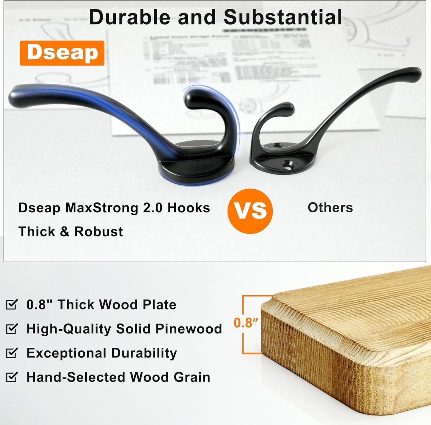 Dseap Wall Mounted Coat Rack: 24" Long, Patented, Heavy-Duty, 6-Double-Hooks Wooden Hanger Rail for Winter Coats, Hat, Jacket, Clothing - Weathered Brown, Pack of 2