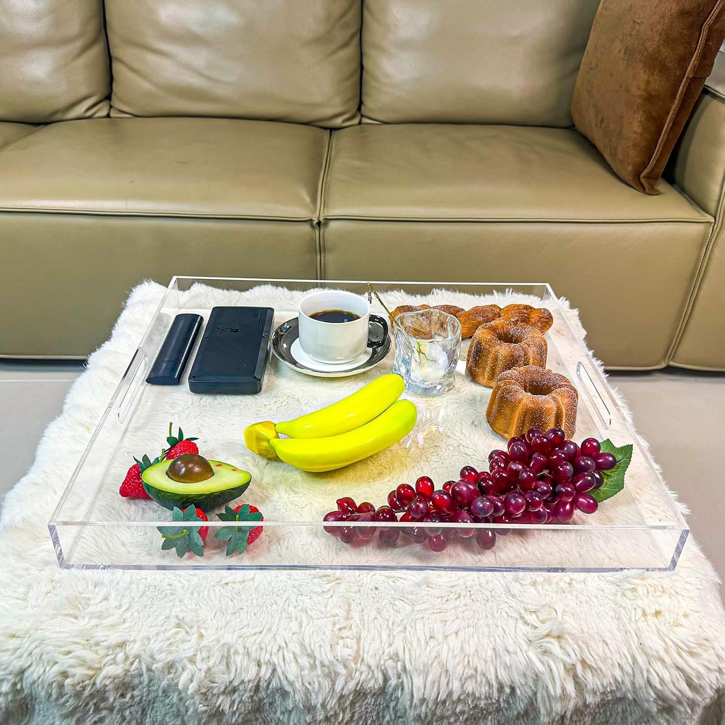 Clear Rectangular 18x20 Inches Acrylic Ottoman Tray Decorative Serving Tray with Cutout Handles Organizer Tray on Coffee Table Countertop Big Breakfast Bed Tray Living Room Appetizer Serving Food