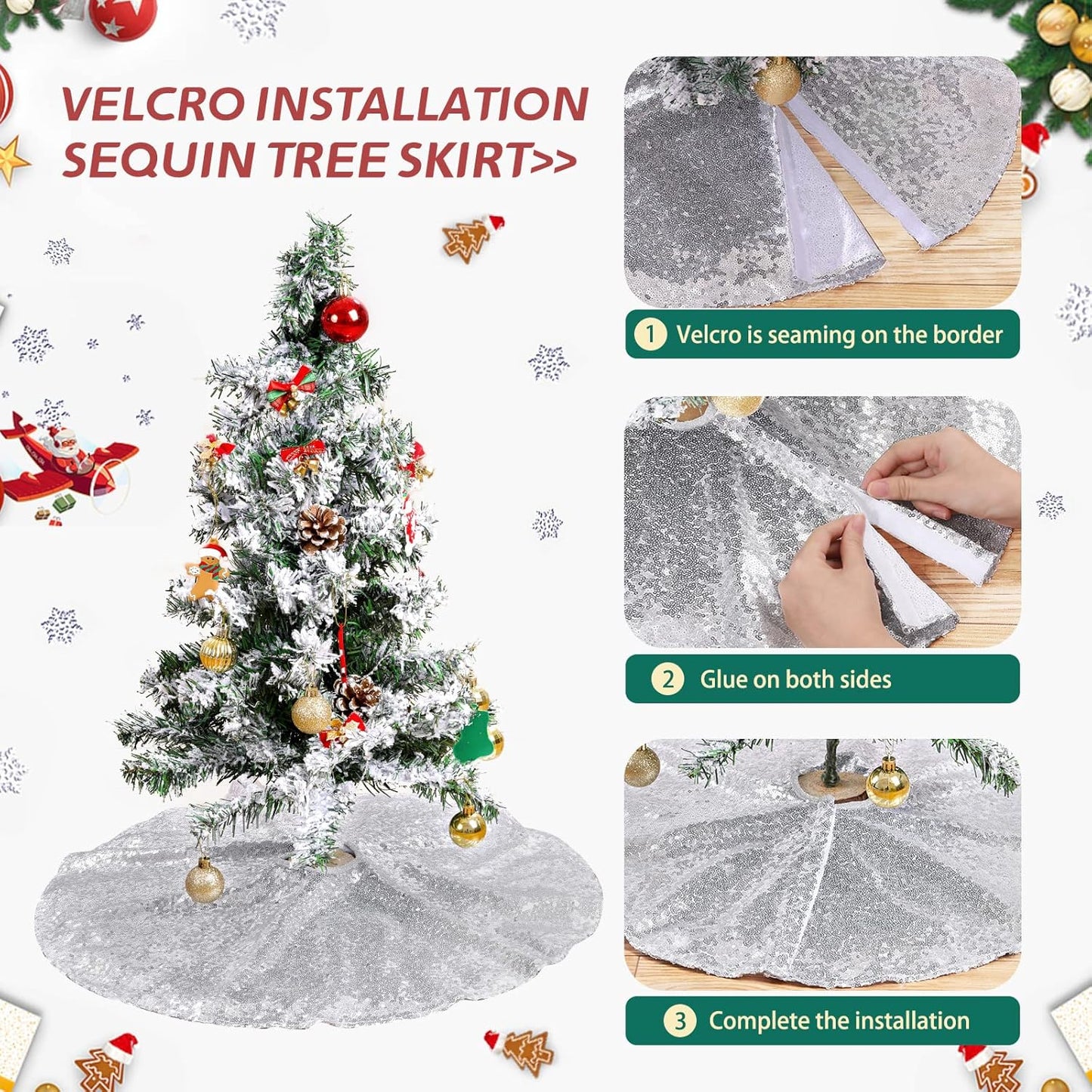 Small Christmas Tree Skirt Silver Tree Skirt 36 Inch Sequin Tree Skirt for Christmas Decoration