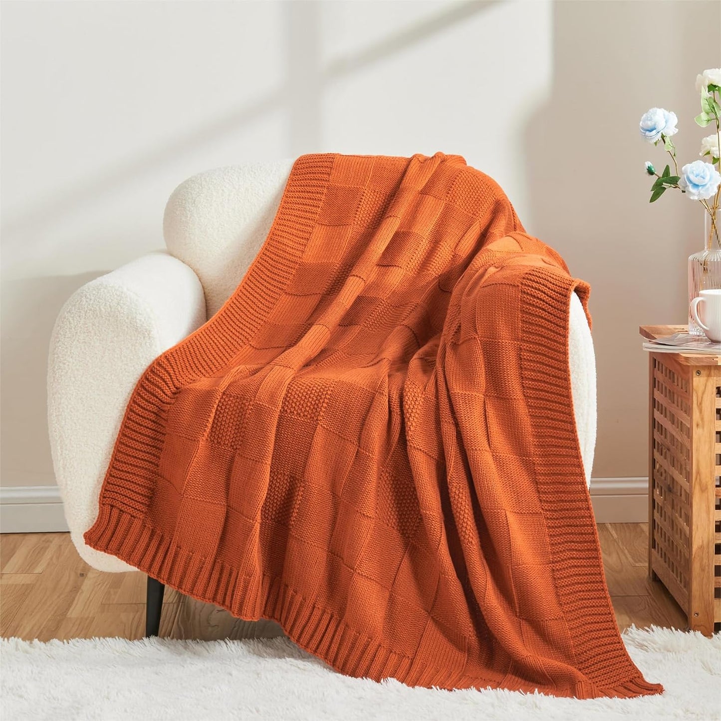 CozeCube Check Knit Throw Blanket, Rust Orange Checkered Throw for Couch, Decorative Christmas Soft Cozy Warm Knitted Blanket for Bed Sofa Living Room, 50"X60"