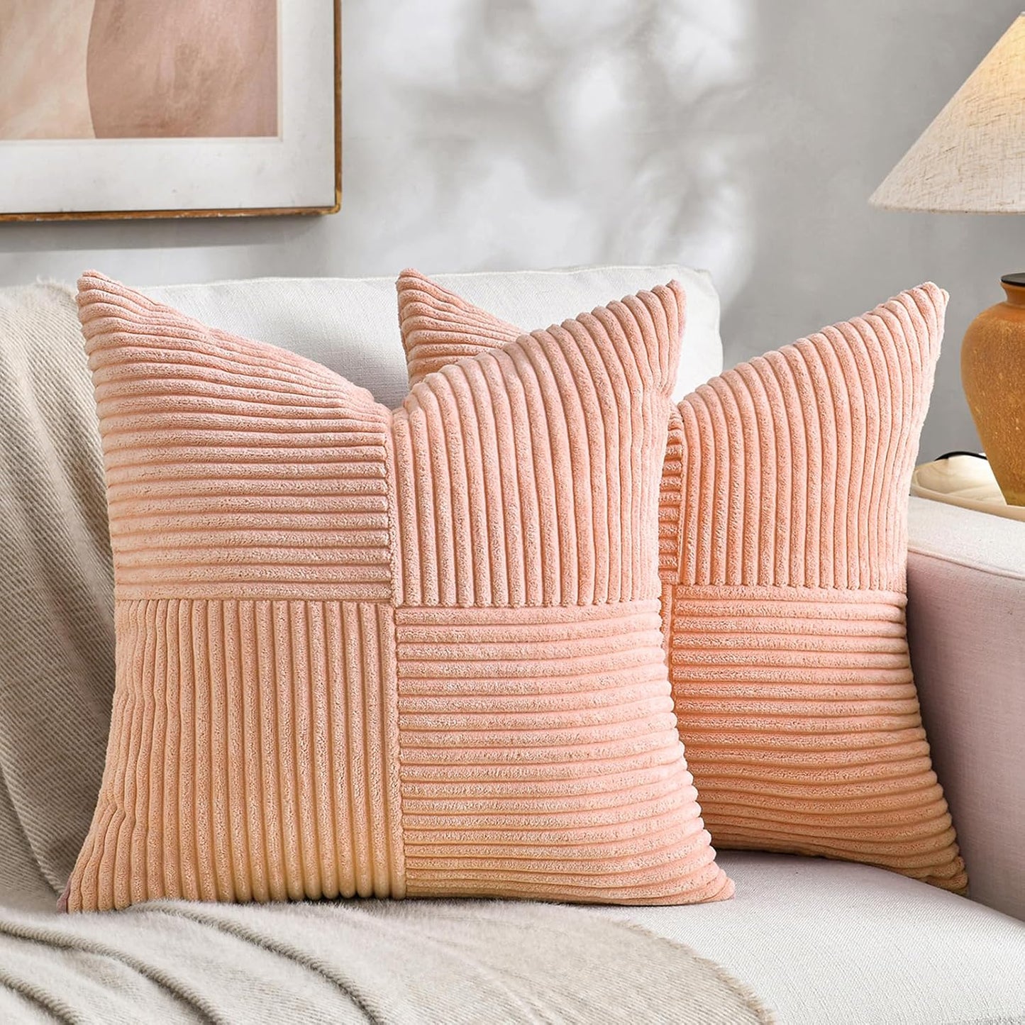 Fancy Homi 2 Packs Peach Decorative Throw Pillow Covers 22x22 Inch for Living Room Couch Bed Sofa, Rustic Farmhouse Boho Home Decor, Soft Corss Corduroy Patchwork Accent Square Cushion Case 55x55 cm