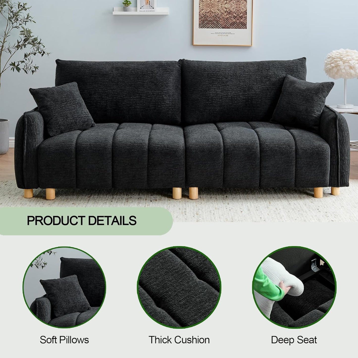 Convertible Sofa Bed, 90" Full Size Sleeper Sofa with Storage, Tufted Chenille 3 Seat Sofa Couches for Living Room, Small Spaces, Guest Room, Apartment, Black