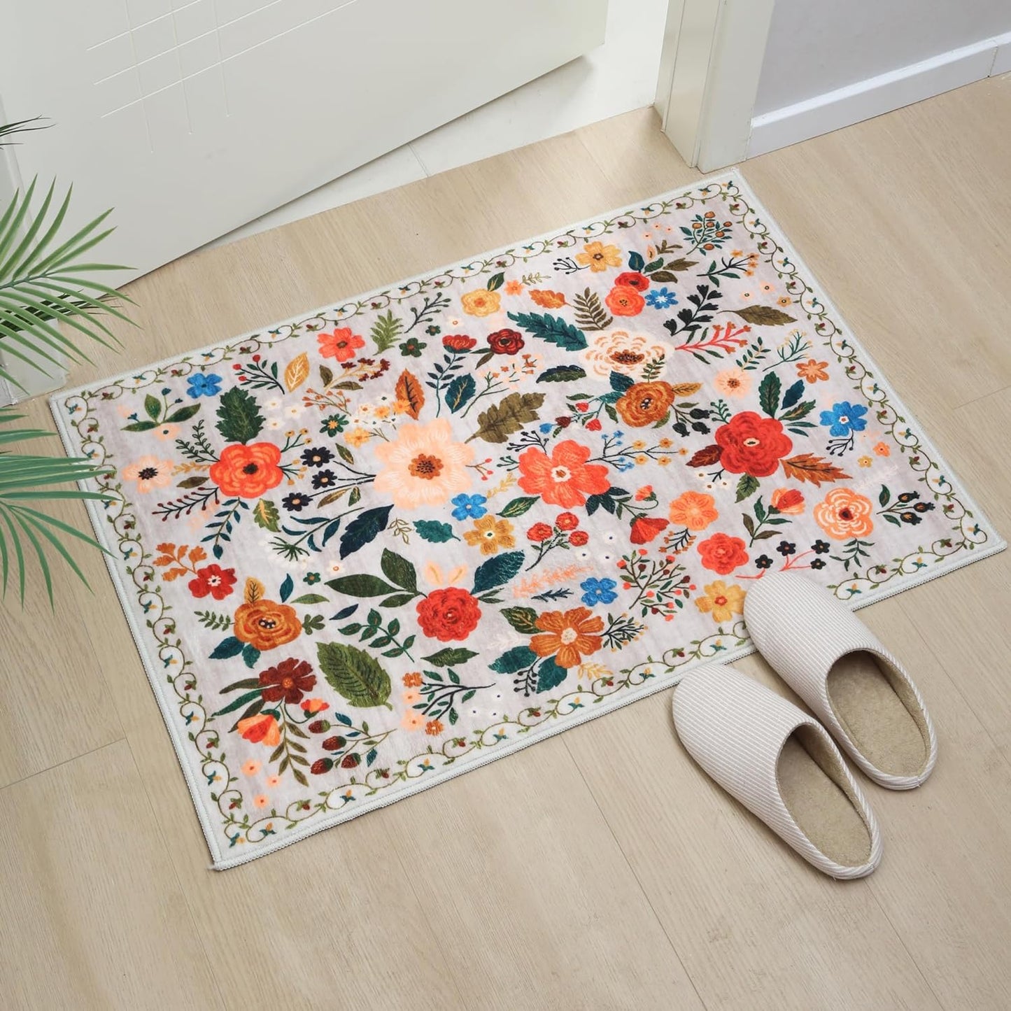 Door Mat Indoor Entrance 2x3 Rug Machine Washable Boho Floral Small Area Rug Non-Slip Low Pile Throw Rugs for Entryway, Kitchen, Front Door Indoor Entrance, Entry, Kids Room (Beige)
