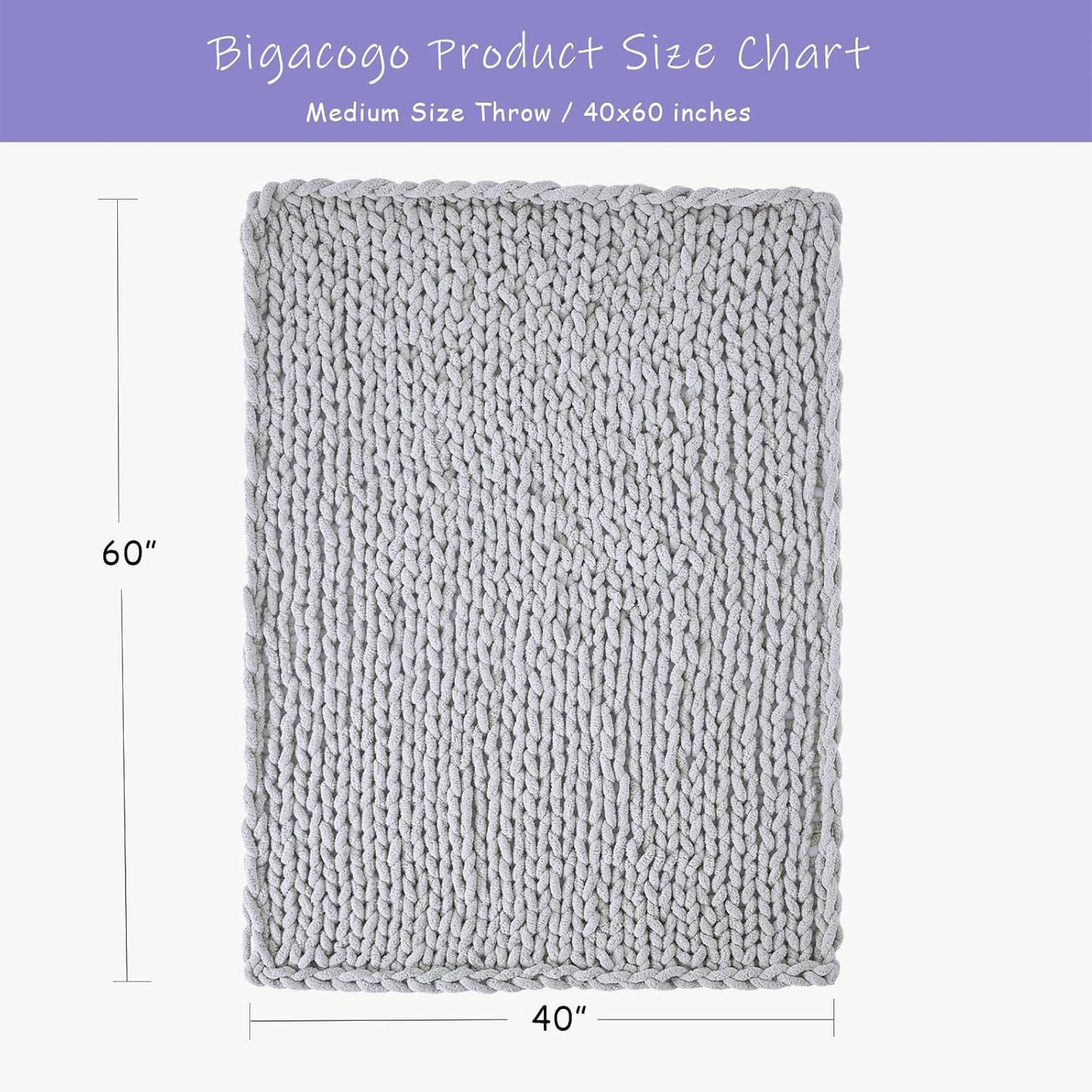 Bigacogo Chunky Knit Throw Blanket for Couch, 40x60 inches, 100% Hand Knitted with Thick Jumbo Chenille Yarn, Cozy Soft Large Rope Knot Cable Crochet Blankets for Sofa Bed Living Room, Light Grey