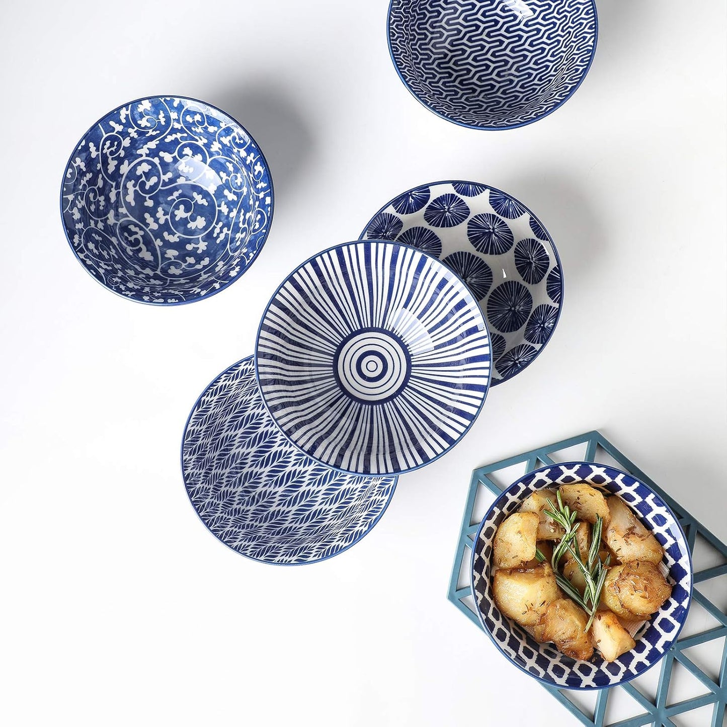 Selamica Porcelain 11oz Ice Cream Bowls Set of 6, Small Bowls, Ceramic bowls for Dessert, Ice Cream, Vintage Blue