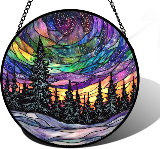 Stained Glass Window Hanging, Van Gogh Night Scene Sun Catchers Colorful Glass Panel Starry Sky Suncatcher Decor for Birthday for Women, Men, Wife, Aunt, and Mom 11.8x11.8 in