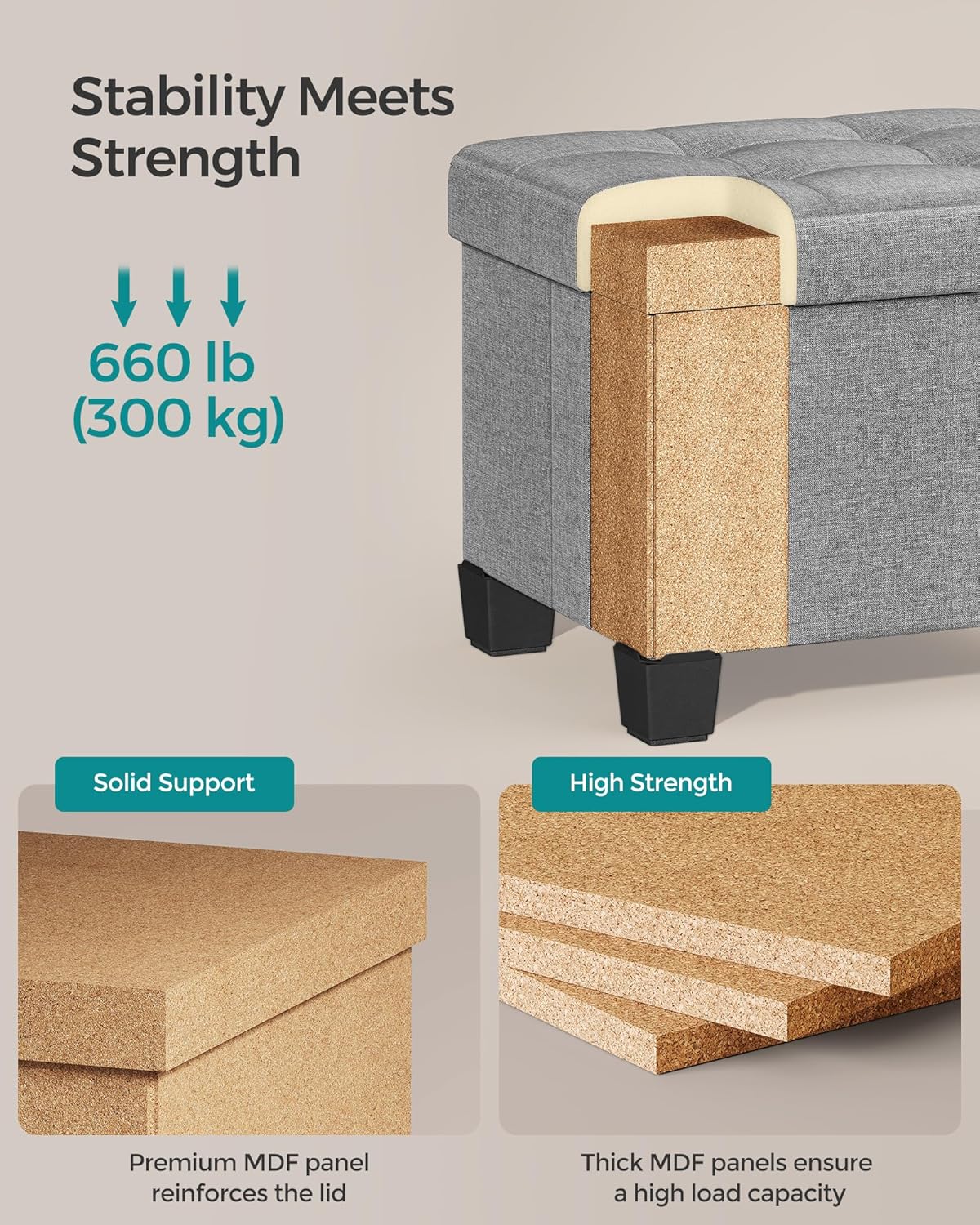 SONGMICS Storage Ottoman, Small Ottoman Foot Rest with Legs, 12.6 x 15.8 x 13.2 Inches Foot Stool, Load up to 660 lb, for Living Room, Bedroom, Dorm, Dove Gray ULSF012G02