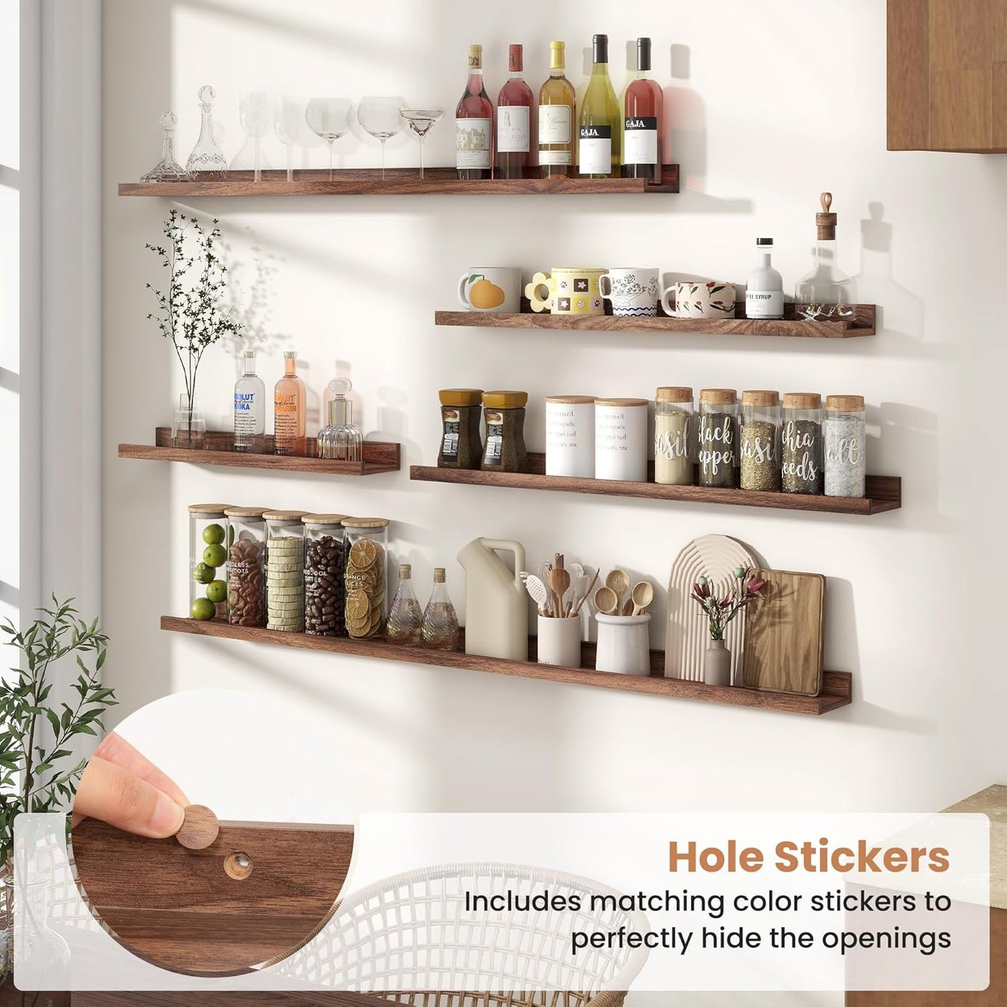 Fun Memories Picture Ledge Shelves Set of 2, 36 Inch Rustic Wall Mounted Floating Shelves with Lip for Home Storage and Décor in Bathroom, Kitchen, Nursery, Bedroom, Living Room, Walnut