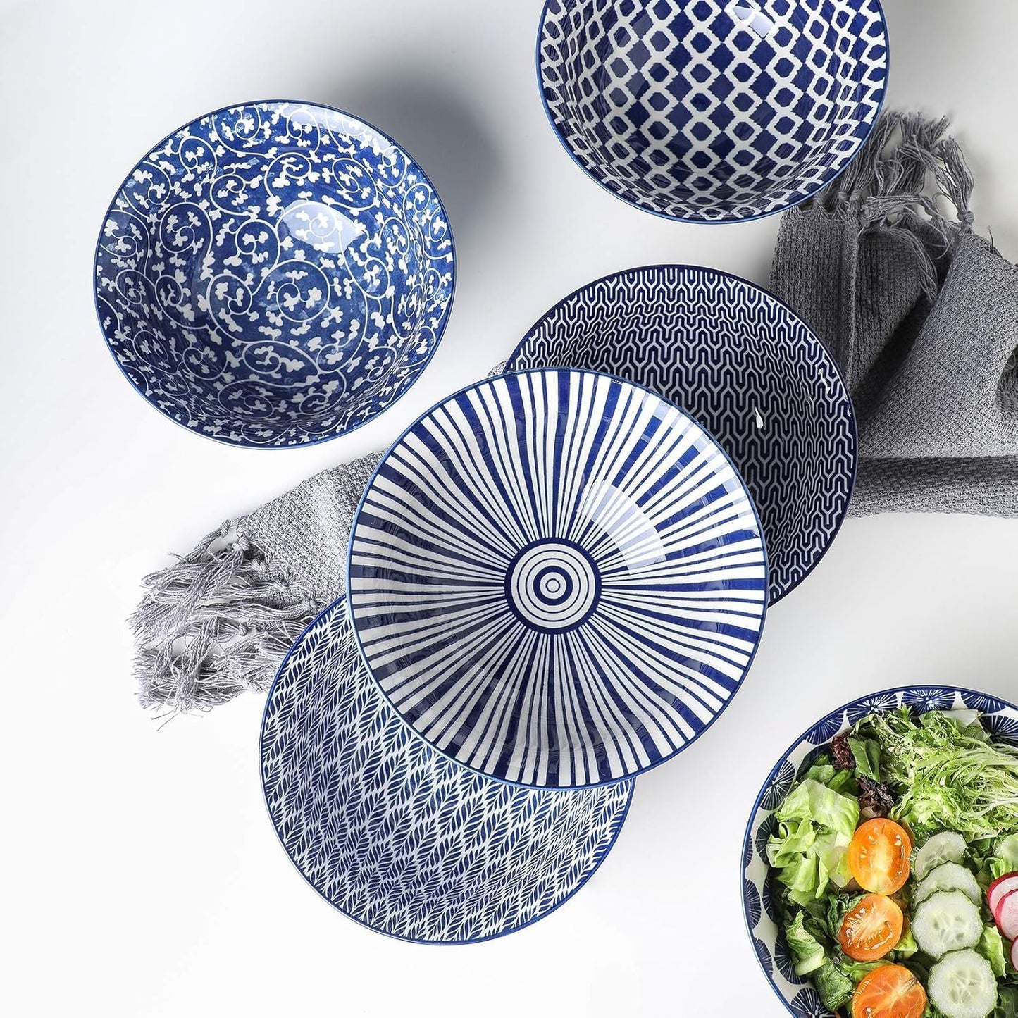 Selamica 7 inches Porcelain Cereal Bowl Set - Set of 6, Soup Bowls, Ceramic bowls for Cereal, Soup, Salad and Pasta, Vintage Blue