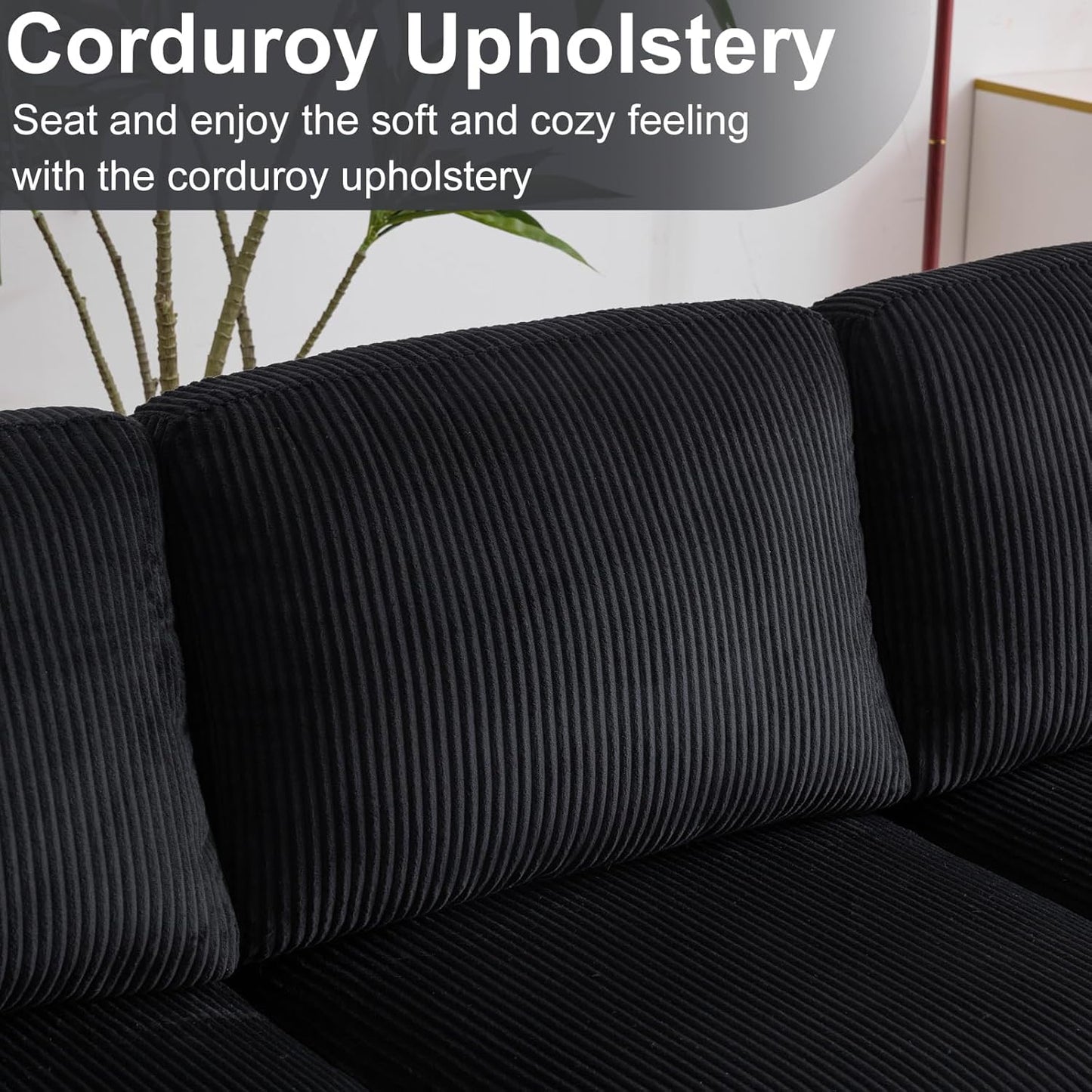 Karl home U-Shape Sectional Sofa Couch 111" Modern 4-Seat Sofa with Chaises Corduroy Fabric Upholstered Covertible Couch with Wood Grain Legs for Living Room, Reception Room, Apartment, Black