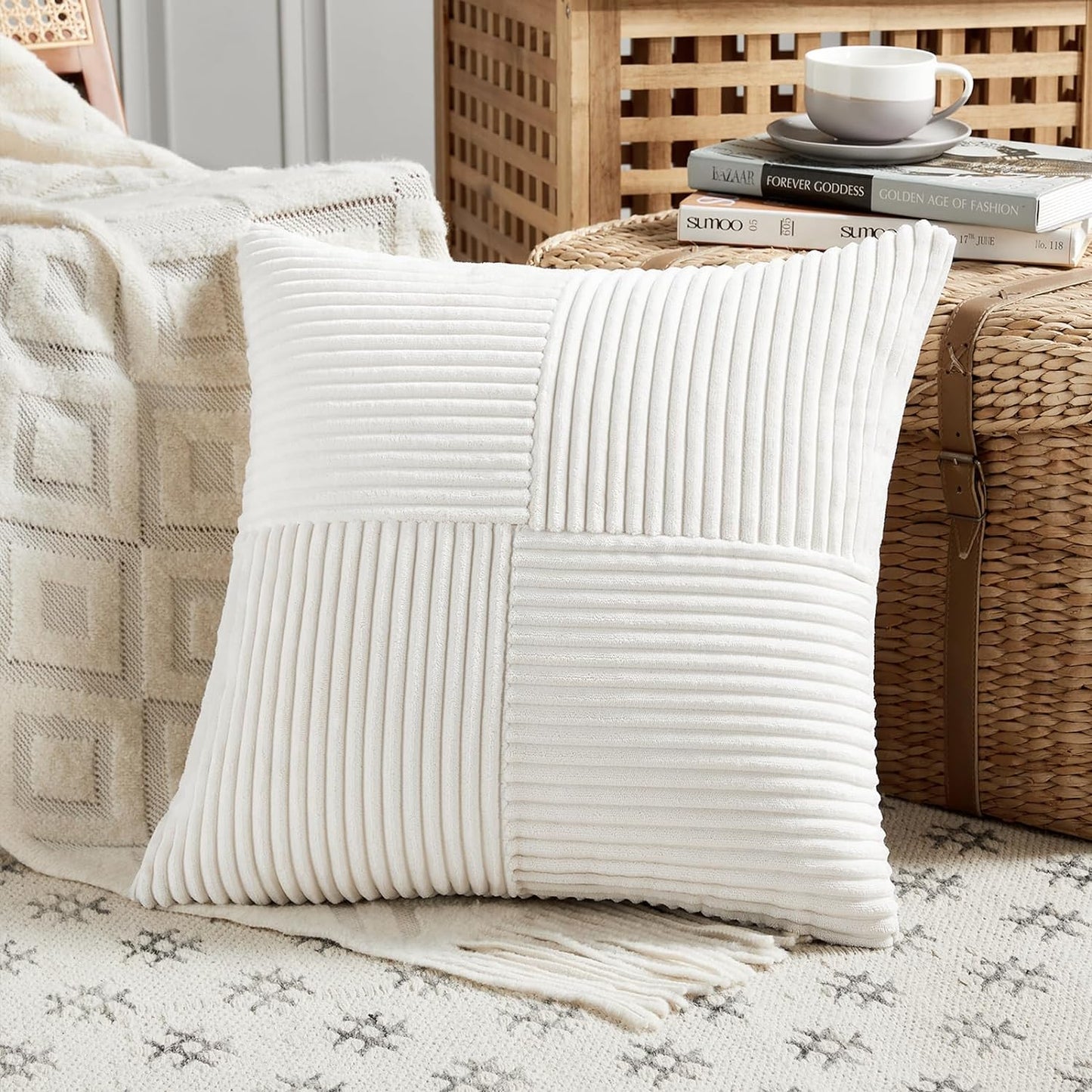 Fancy Homi 2 Packs Cream White Euro Decorative Throw Pillow Covers 26x26 Inch for Couch Bed Sofa, Farmhouse Boho Home Decor, Soft Corss Corduroy Patchwork Textured Square Cushion Case 66x66 cm