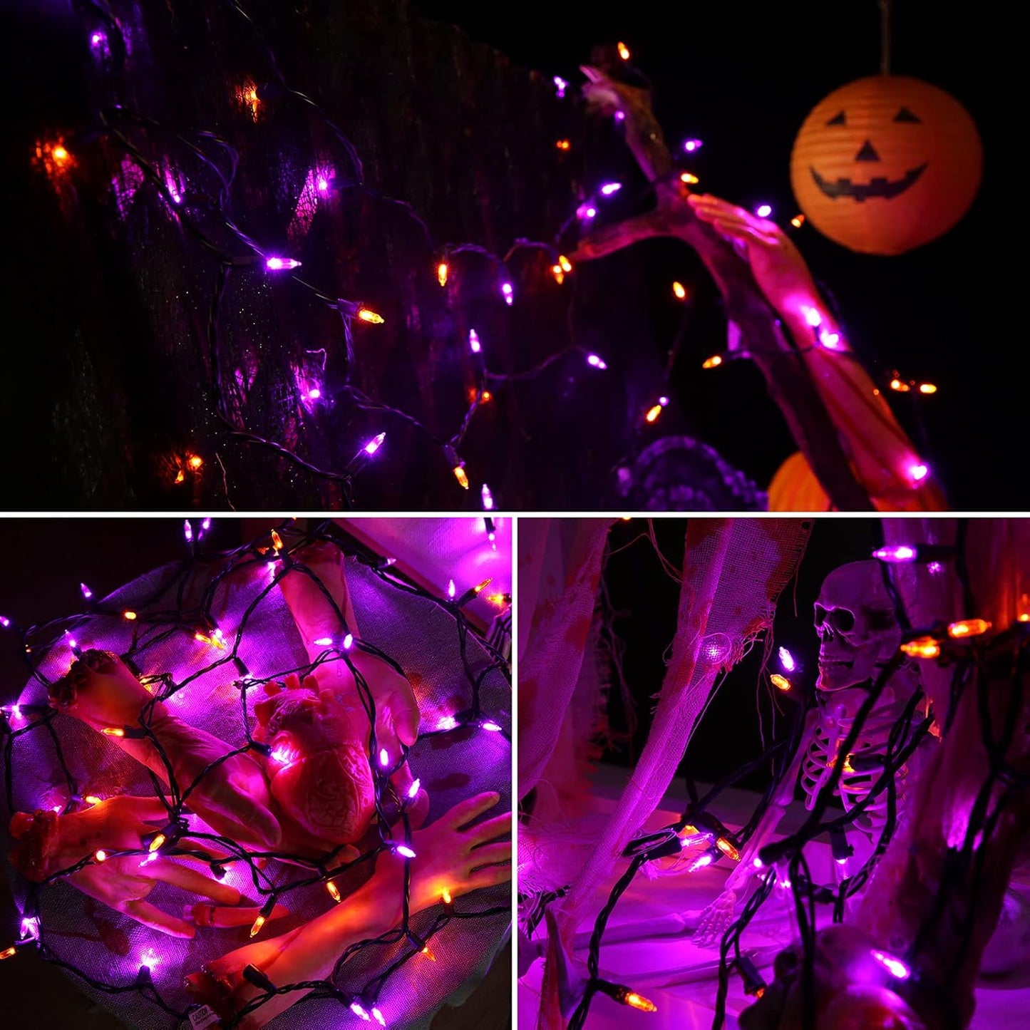 ODEERTONIC Orange & Purple Halloween Lights, 33ft 100 LED Orange Lights String Connectable, 120V UL Certified Purple String Light, Plugin Black Wire Halloween Light Waterproof for Spooky Party Decor