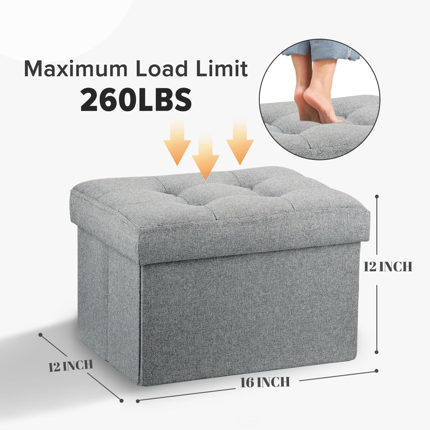 LINMAGCO Ottoman Storage Ottoman with Storage Small Foot Rest Stool Under Desk Stool Short Folding Footrest Linen Cloth Light Gray 16X12X12IN