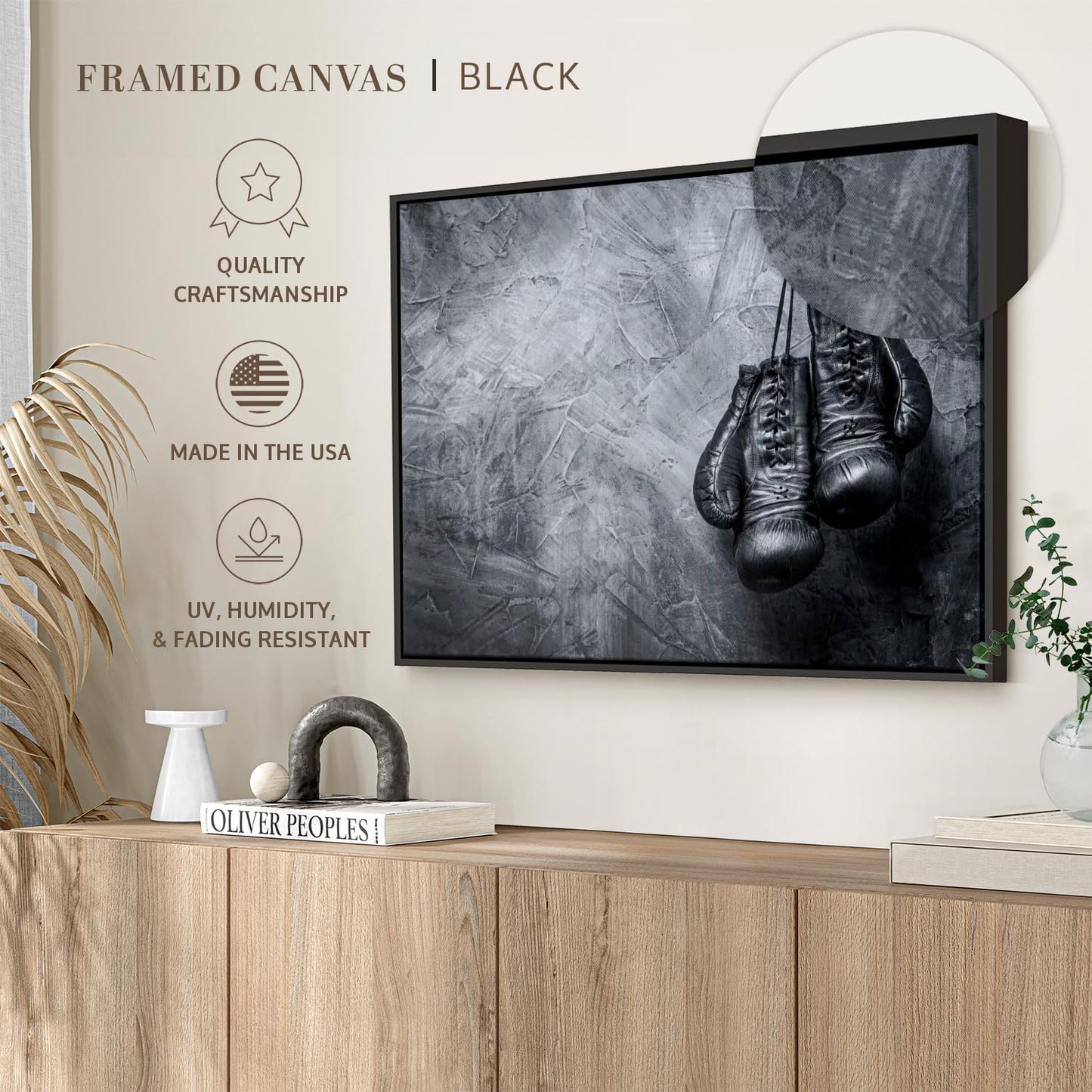 ElephantStock Boxing Gloves Wall Art - Horizontal Framed Canvas - 1-Piece Living Room Wall Decor - Photography Sports Canvas Print - Black and Gray Decor for Wall - 37" X 25"