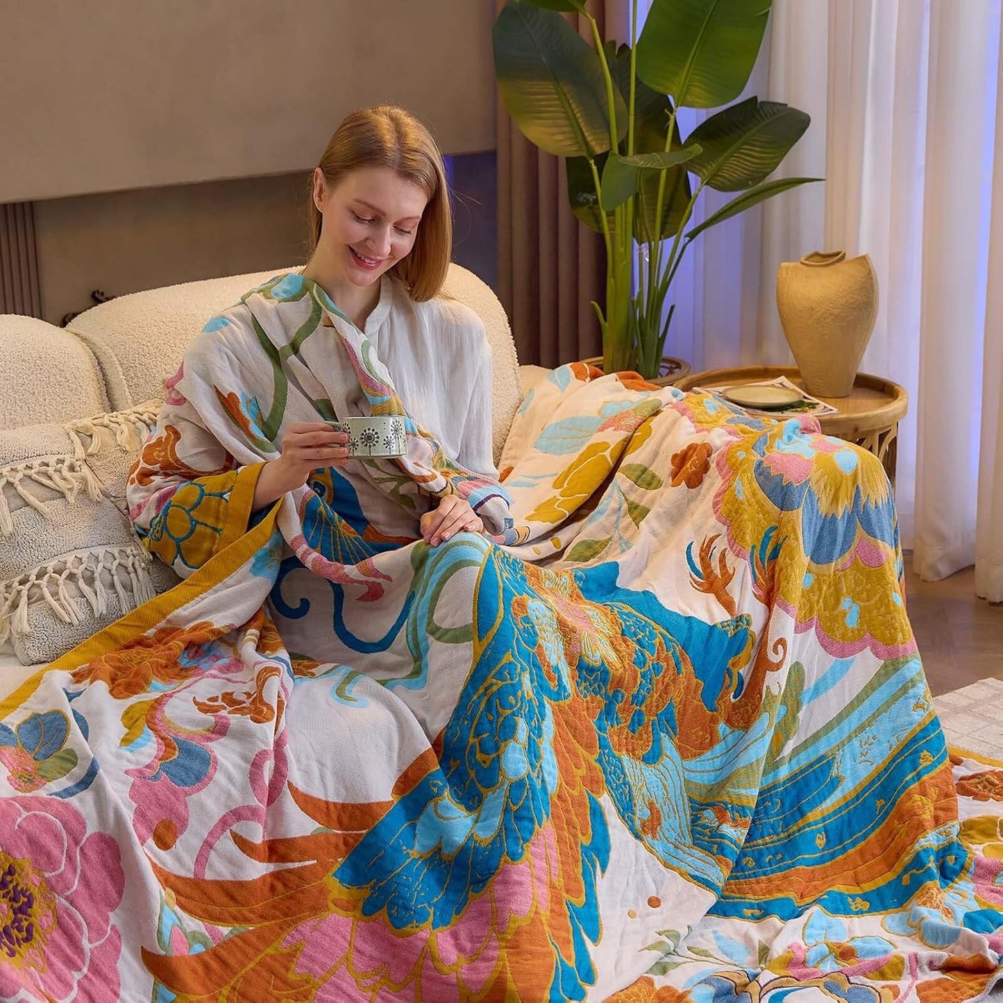 Boho Throw Blanket, Lightweight Blankets for Summer, 100% Cotton Bohemian Decorative Throw Blanket, 50"x60" Reversible Muslin Breathable Woven Farmhouse Blankets Quilt,