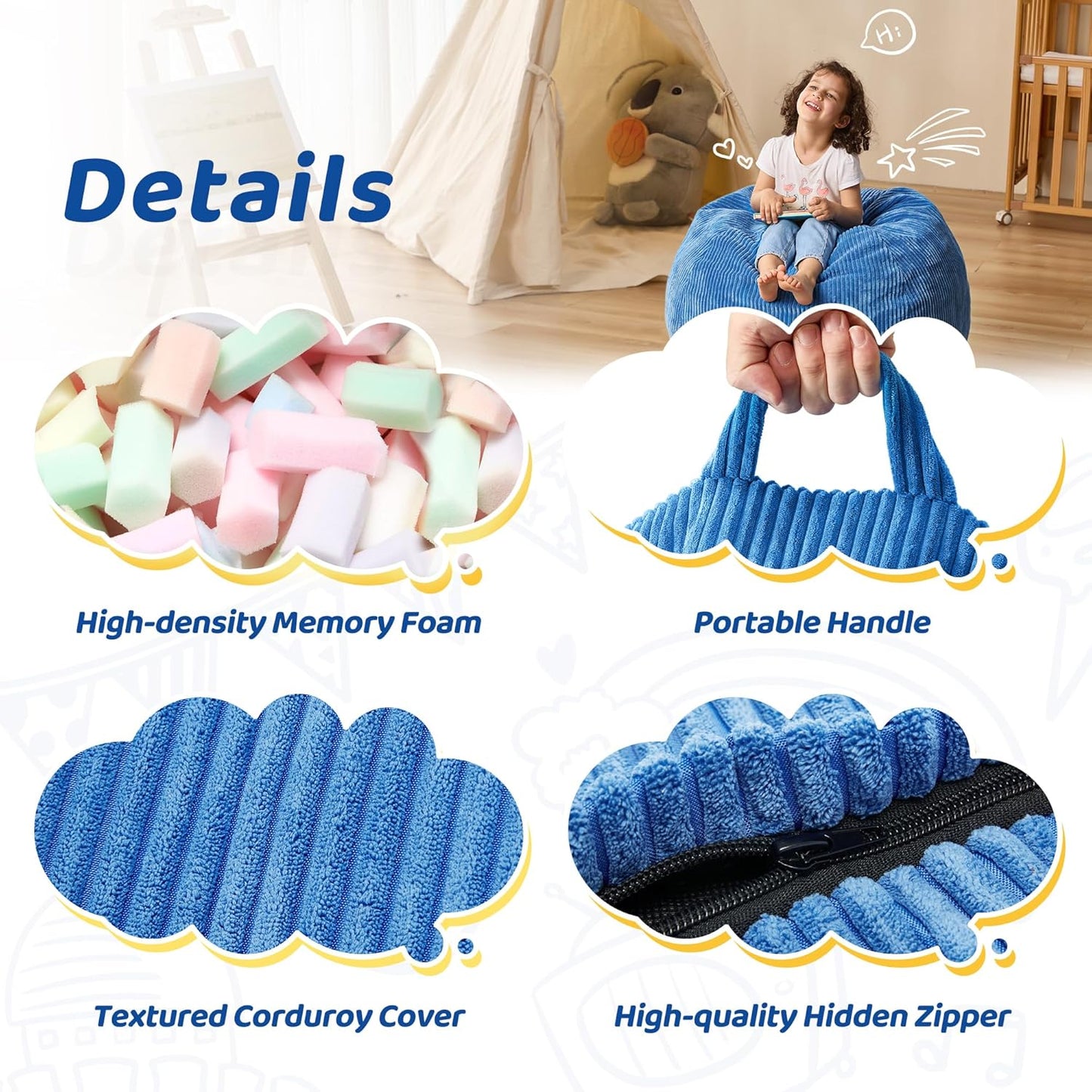 Bean Bag Chairs Teardrop Bean Bag Chair Beanbag Chair with Memory Foam Filled Machine Washable Cover for Living Room, Bedroom (Small,Blue)