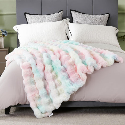 DREAMNINE Large Colorful Soft Fluffy Bubble Faux Rabbit Fur Blanket Queen Size 80" x 90", Luxury Double Sided Big Thick Fuzzy Bed Blankets, Cute Warm Cozy Plush Comfy Furry Blanket for Winter, Rainbow