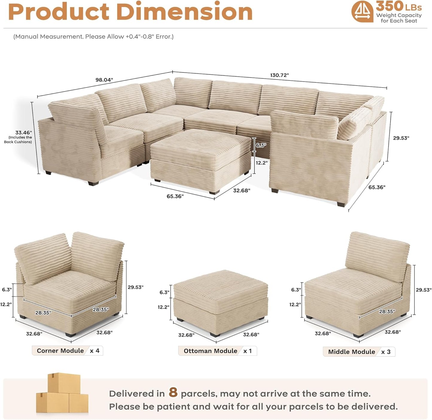 ovios Sectional Sofa Couch with U-Shape Chaise Sofa Bed, Comfy Modular Cloud Couches with Deep Seat, Modern Upholstered Plush Corduroy Sofas Set for Living Room, 8-Seater, Beige