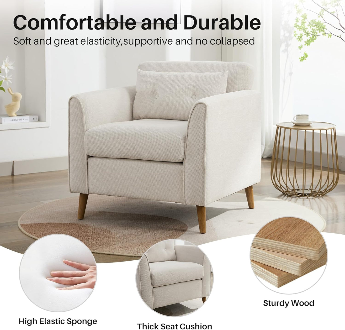 Modern Accent Chair with Wooden Legs Plush Fabric Armchair Chenille Side Single Sofa Chair for Bedroom, Office Cafe Waiting Room Apartment (Beige Armchair)
